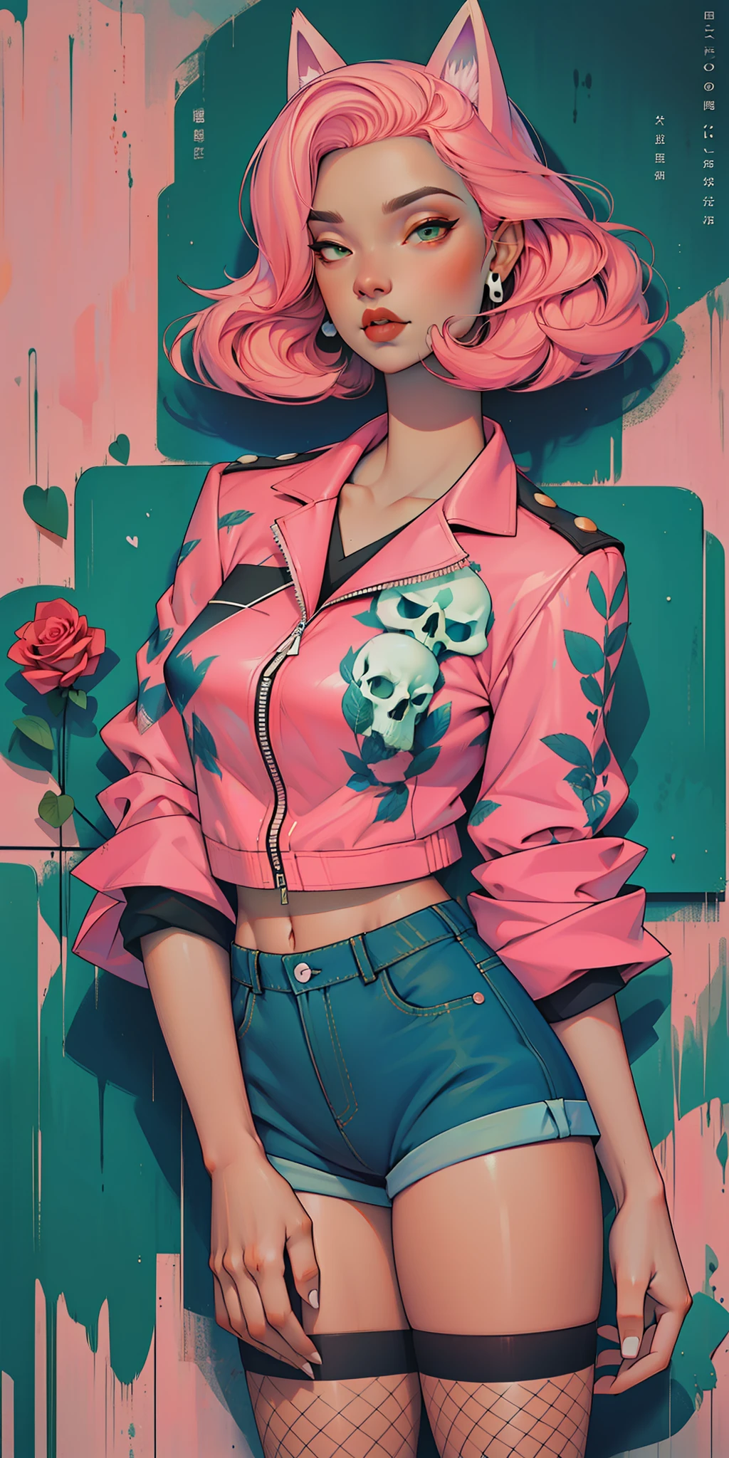 Background, In chic boho style, in a cafe, Ice cream print, multi-colored neon lights, neon garlands, rose hair, mixed-language_SMS, Japanese graffiti, (beautiful and clear background:1.2),, fantastic paintings ,graffit style, highly detail eyes , underwear, lace, latex, Pink, Purple, mint, Blue, Yellow, belve, lavender hair, Skull Print, body piercings, Loving, Love, ultra detail hair, Masterpiece, Best Quality, highly quality, hight resolution, detail enhancement, ((most beautiful image in the world)), Masterpiece, Best Quality, highly quality, hight resolution, detail enhancement, ((most beautiful image ), Shiny pink degrade hair, ultra short fitted Stampa Flores, Rollers, fishnet pantyhose, short denim shorts, art by stjepan sejic, art by j scott campbell, Artist Guillem March, art by citemer liu, 4k, hight resolution, comic book character, comic, high quality detailed, style of ::2.0 comix illustration style,tatoon style, highly quality, hight resolution, detail enhancement, 8K, HD, Best Quality, highly quality, hight resolution, detail enhancement, 8K, HDR, sharp-focus, Ultra Detailed, perfect lighting, Curvy Body, Lush breasts, Curvy hips, skull print on clothes, rock, rock star, Cool, leather jacket, spikes, Punk Rock, wolf, Cat's ears