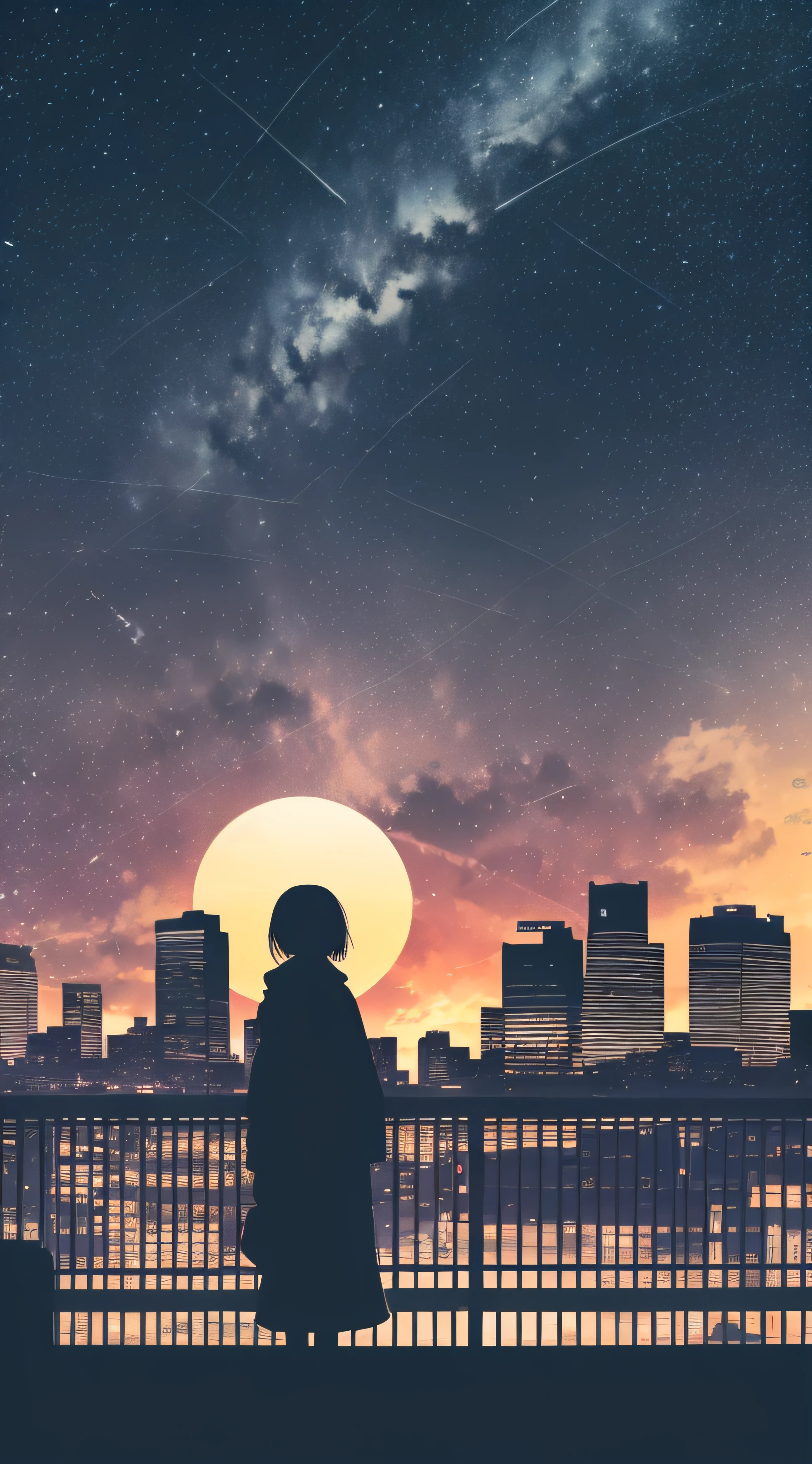 anime,silhouette,1girl, star (sky), cloud, cityscape, building, city, outdoors, skyscraper, city lights, night, night sky, sunset, skyline