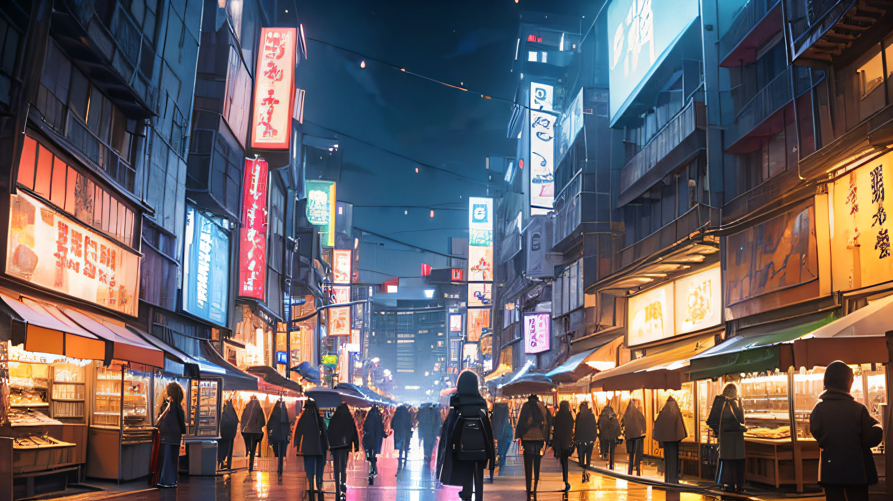Rua Cyberpunk, com varias propagandas em japones em LEDs e NEONs, chuva, people walking with umbrellas on the sidewalk. --auto