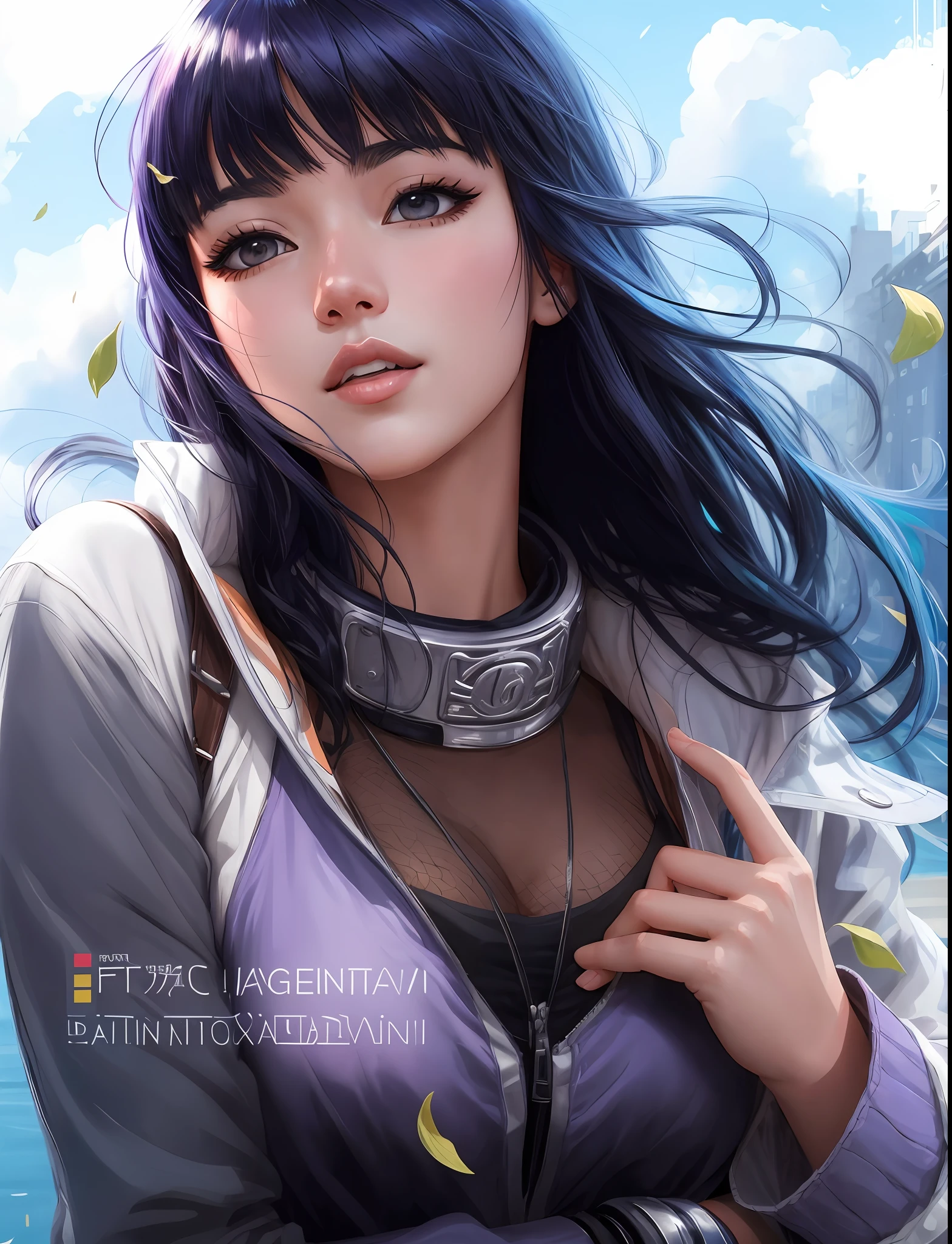 Garota anime com cabelo azul e um colar com folhas voando ao seu redor, Artgerm. anime illustration, Artgerm. High detail, arte de anime realista, retrato Artgerm, Ilya Kuvshinov e Artgerm, estilo realismo anime, Artgerm extremamente detalhado, Alena Aenami e Artgerm, Hinata Hyuga, Naruto