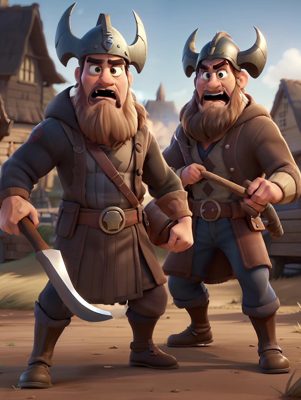 Two very stout and strong Vikking warriors, 2 men fighting wearing Vikking helmets, in a battlefield, holding an axe, a Vikking village and seaport in the background, pixar artstyle, fierce eyebrows, cinematic rim light, very thick neck, intense action scene, dynamic juxtaposition, dynamic poses, 2 young warrios, very high quality face, Vikking village game, exploitable image, face neck shoulders, 2 tall strong men, long windy hair, stylized dynamic folds, 2 angry men, Pixar artstyle, Vikking village game, exploitable image, face neck shoulders, 2 tall strong men, long windy hair, stylized dynamic folds, dynamic poses, action scene, angry look, in the style of Pixar Animations