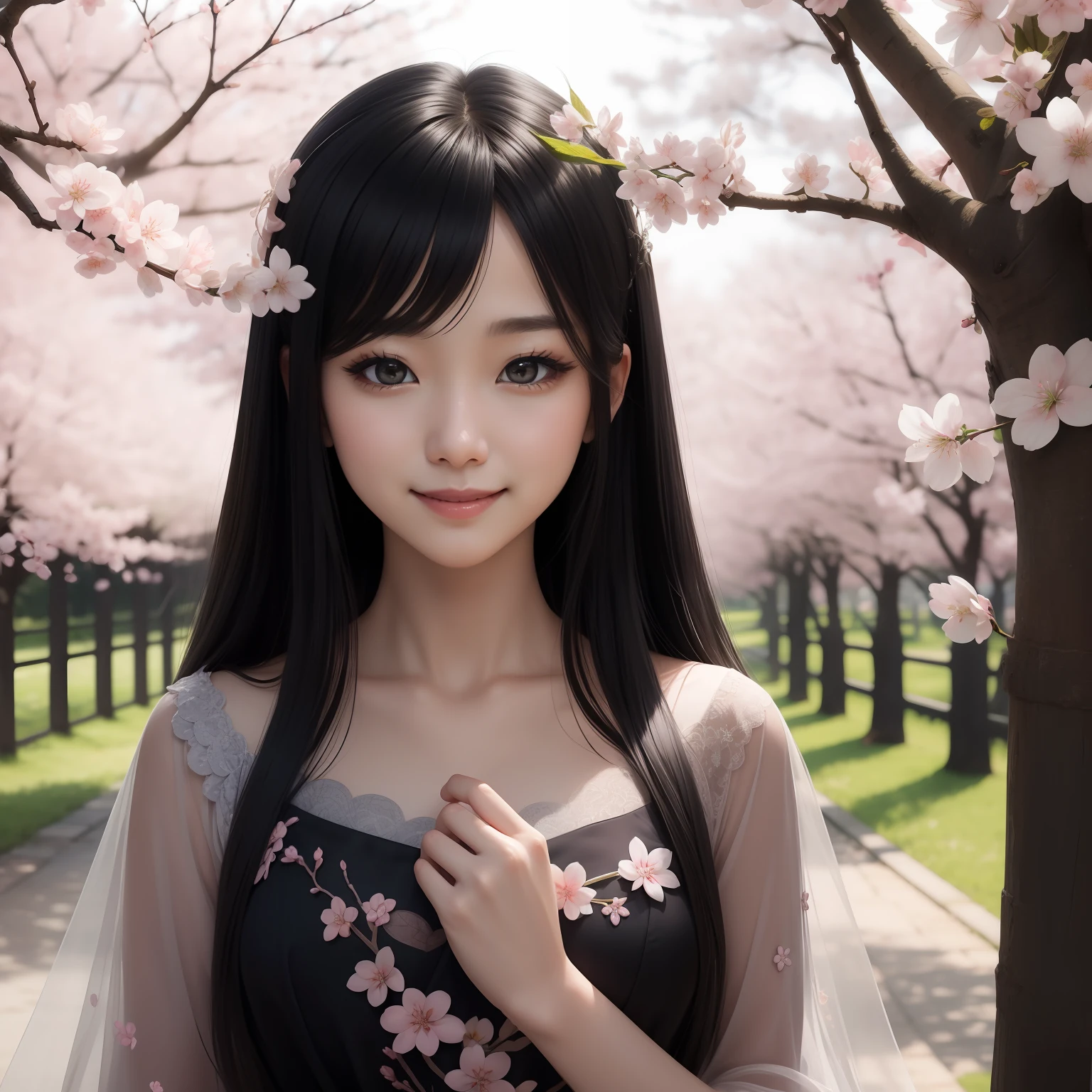(masterpiece)8k、beste-Qualit、Cherry Blossom Fairy Woman、Black straight hair、kindly smile、fantasy-inspired