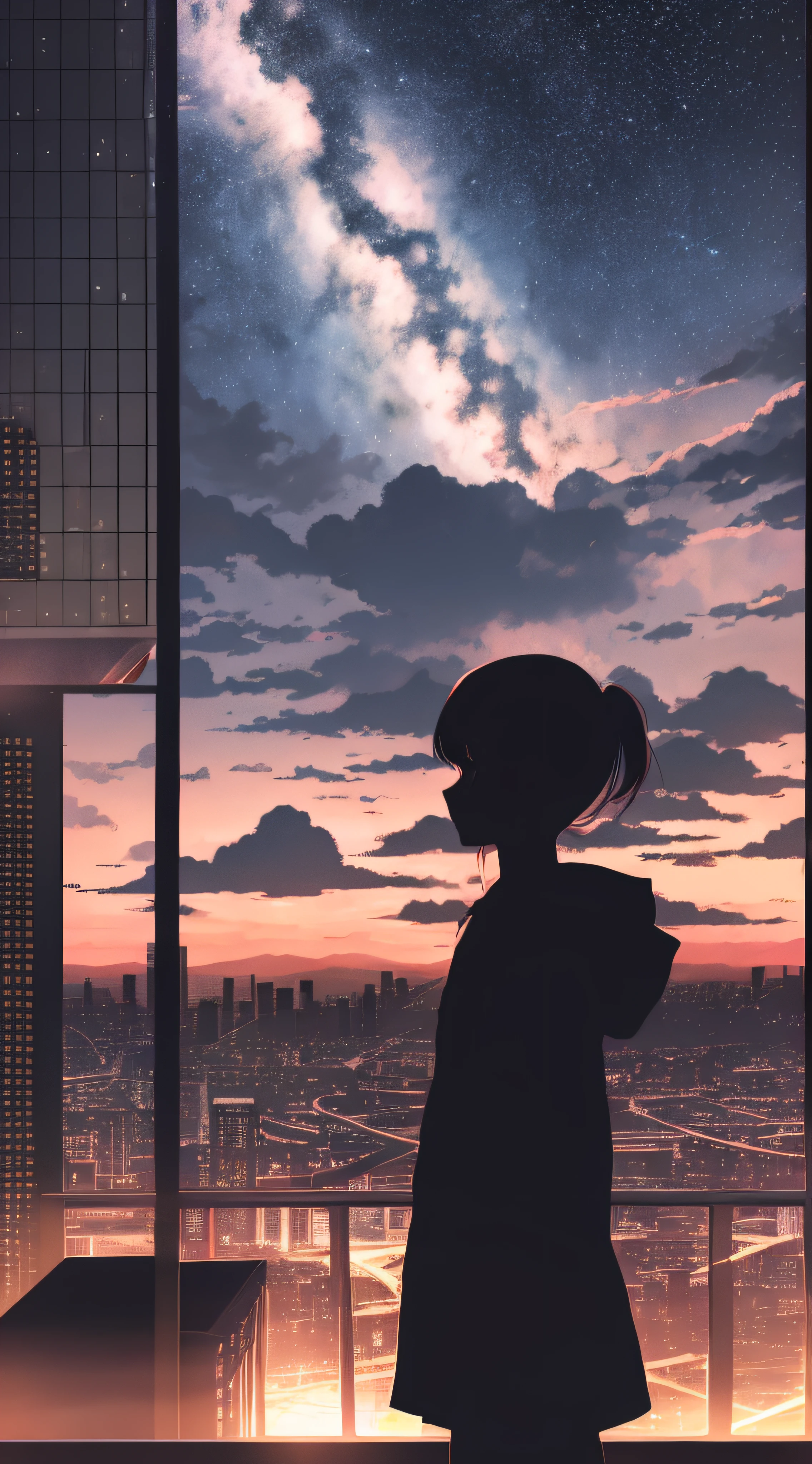 anime,silhouette,1girl, star (sky), cloud, cityscape, building, city, outdoors, skyscraper, city lights, night, night sky, sunset, skyline