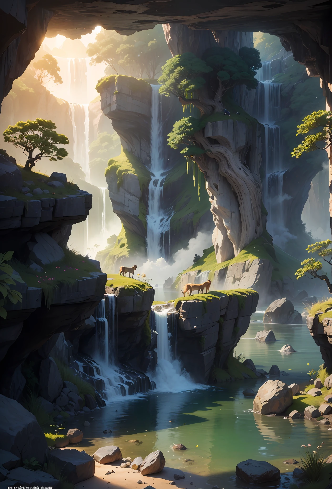 Chinese ancient times, spring, jungle, lake, cave, waterfall, tree, meadow, rock, deer, hot spring, water vapor, (illustration: 1.0), epic composition, realistic lighting, HD details, masterpiece, best quality, (very detailed CG unified 8k wallpaper)