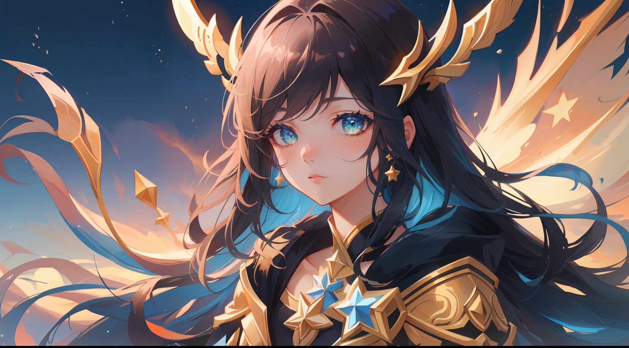 (masterpiece, best quality), intricate details, 8k, artstation, sharp focus, 1girl, star guardian, league of legends, (warm color theme)