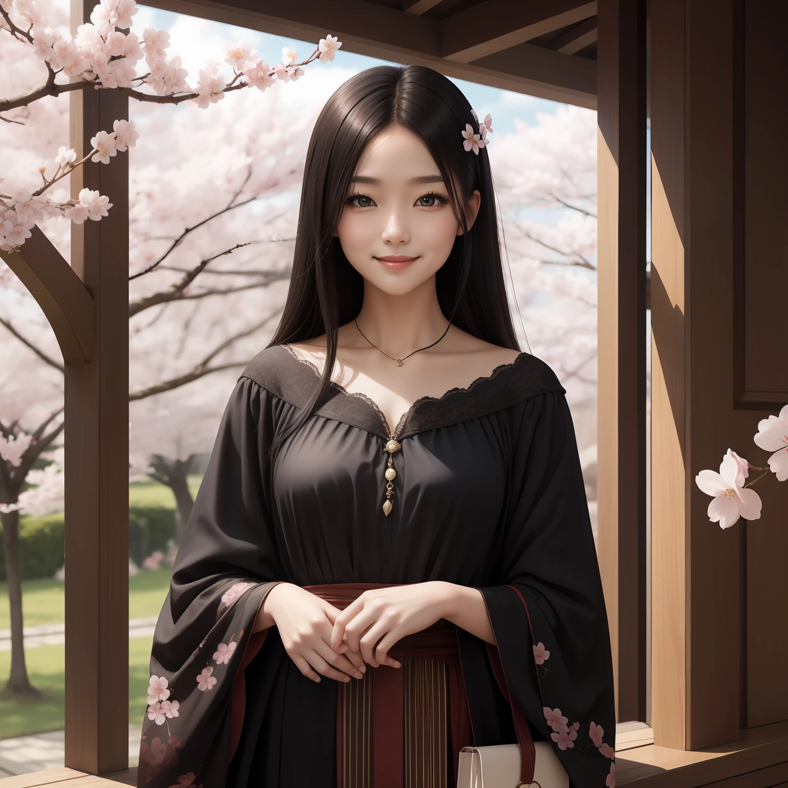 （​masterpiece）8ｋ、beste-Qualit、Adult woman in cherry blossom、Black straight hair、kindly smile、fantasy-inspired