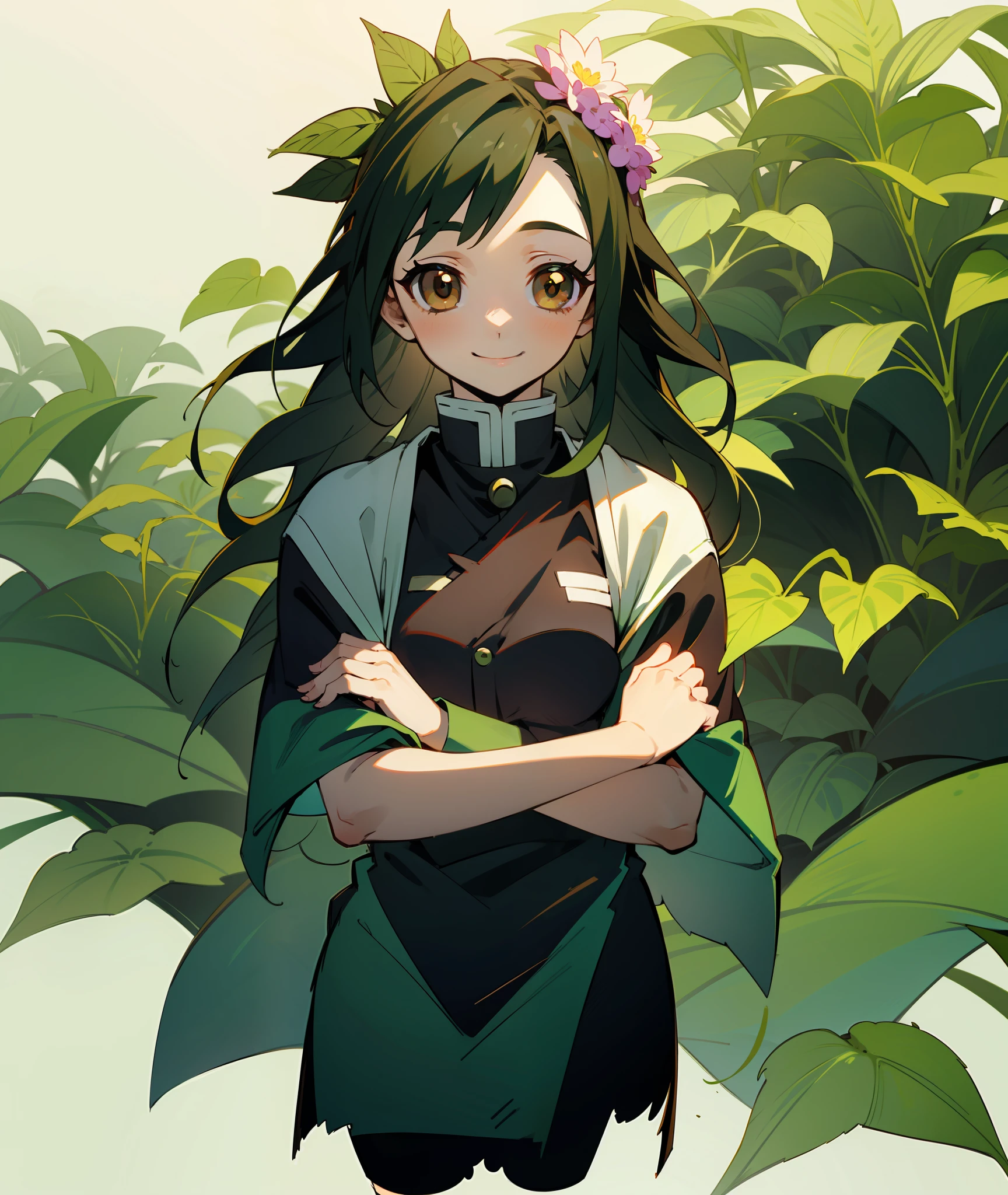 1girl, dark green hair, brown eyes, quiet, happy, calm, smile, cute, long hair, doe eyes, green haori, demon slayer uniform, leaves in hair, vine crown, vines, leaves, plants, flower crown