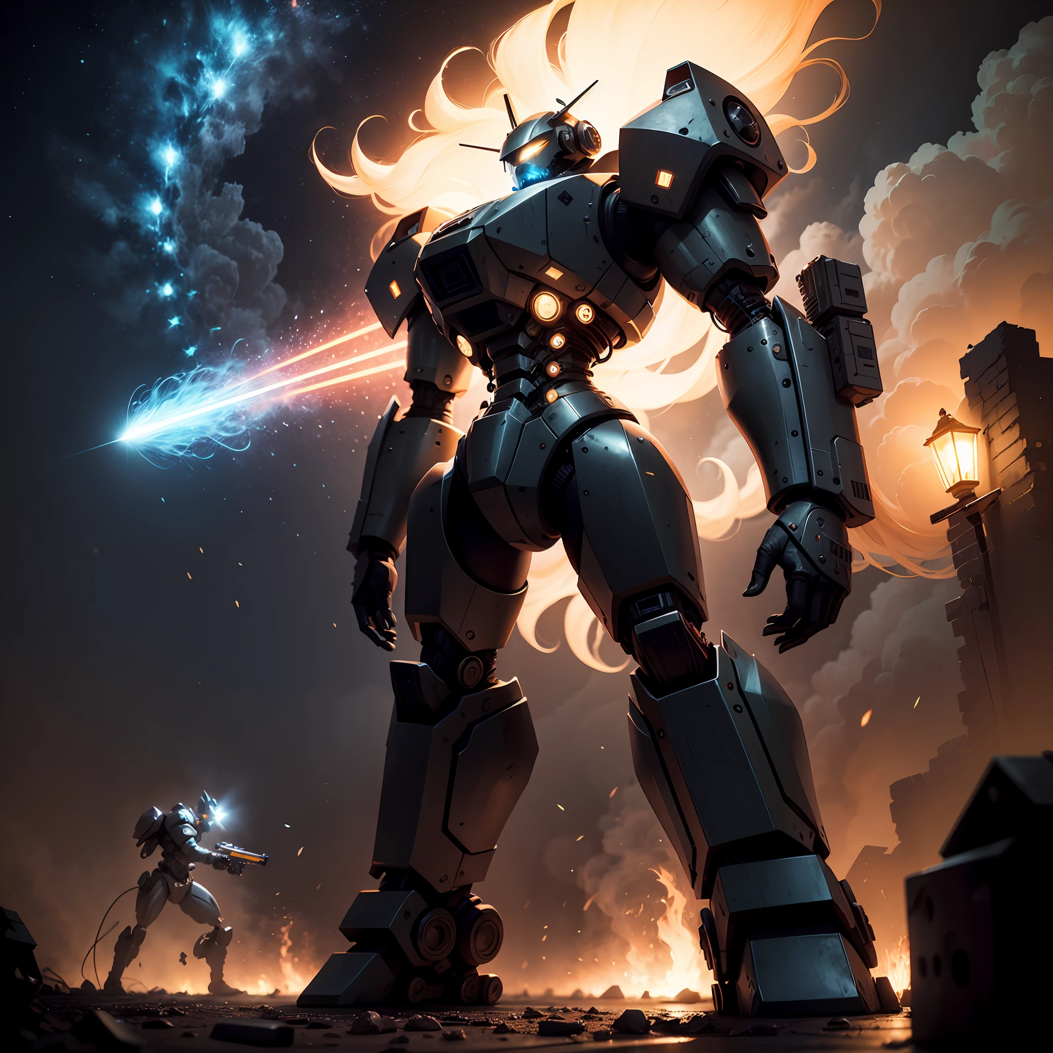 mechs,black colors,Metallic,nightview,lamplight,Combat posture,com fagulhas de fogo,Dynamic,shooting,techno music. --auto