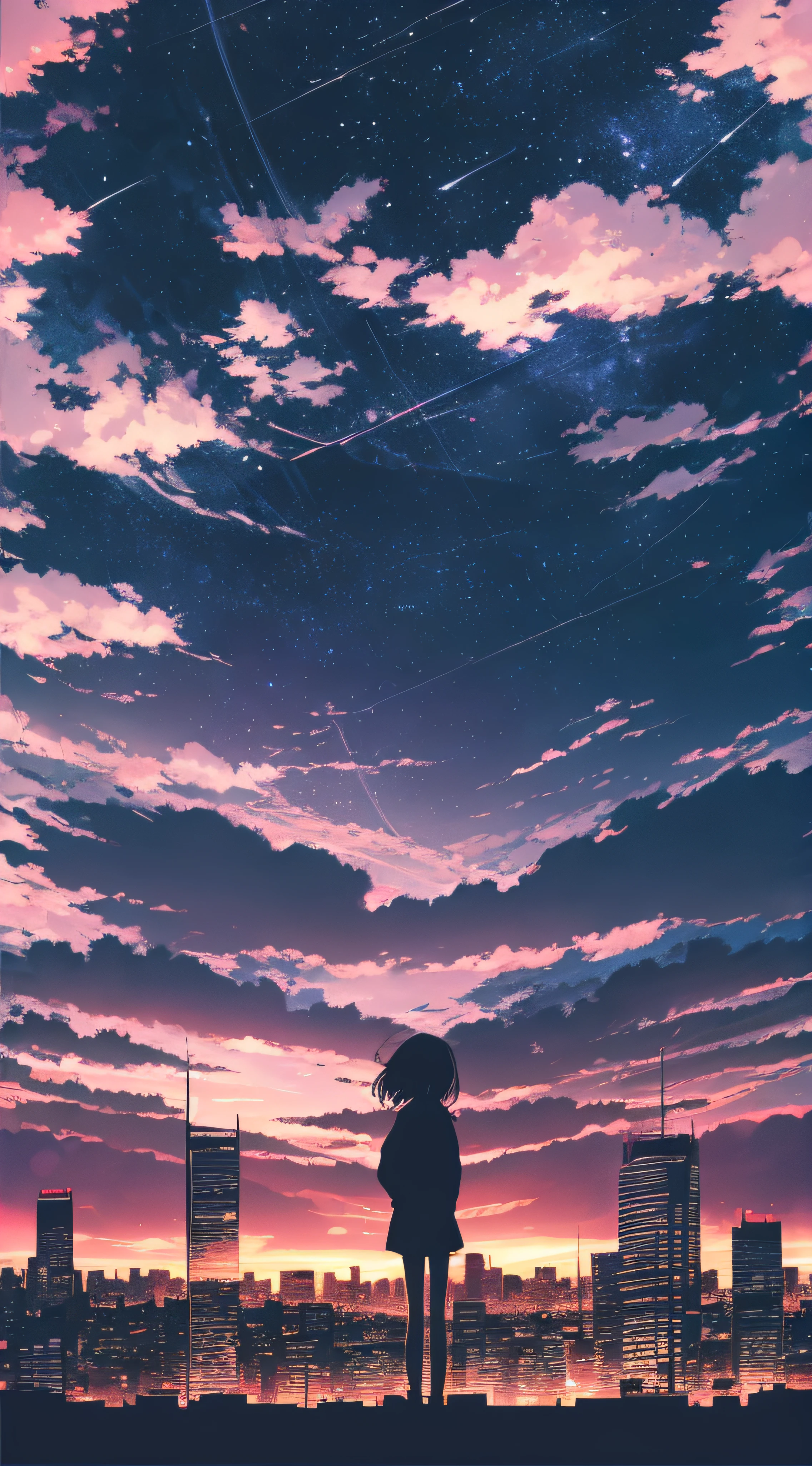 anime,silhouette,1girl, star (sky), cloud, cityscape, building, city, outdoors, skyscraper, city lights, night, night sky, sunset, skyline