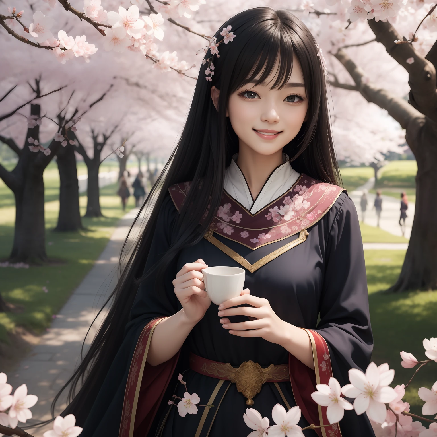 (masterpiece)8k、beste-Qualit、Adult woman in cherry blossom、Black straight hair、kindly smile、fantasy-inspired