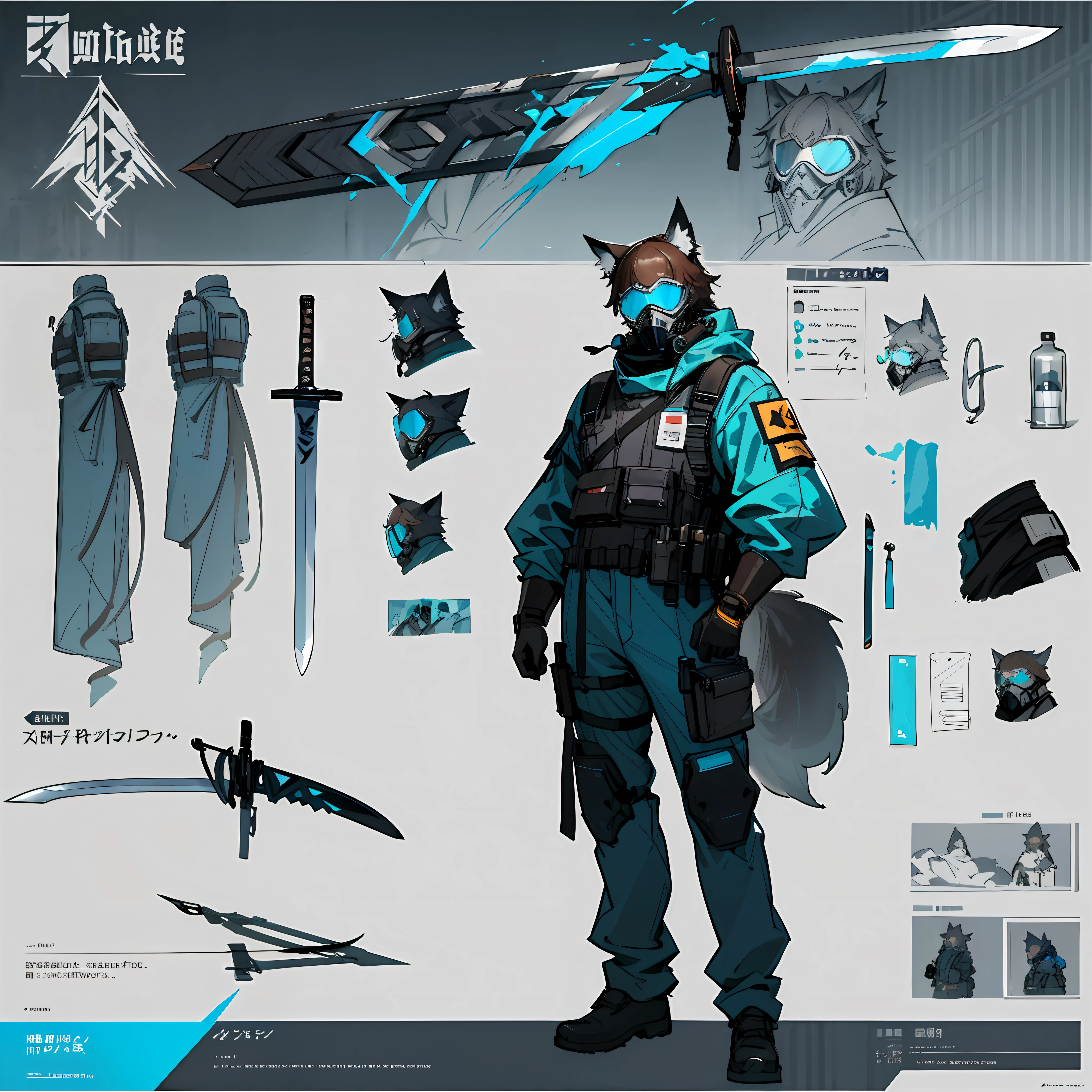 ((masterpiece)), (ultra detailed), (best quality), detailed background, (style of Arknights), (concept art, character sheet), (adult man, tall, muscular body, dark brown hair, short hair), (hazmat suit, tactical vest, tactical face mask, blue goggles, respirator), (cyan light-reflecting patch on chestplate), (sword in hand, longsword, detailed sword), ((realistic detailed equipment)), ((detailed realistic wolf ears and tail, human with animal traits)),
