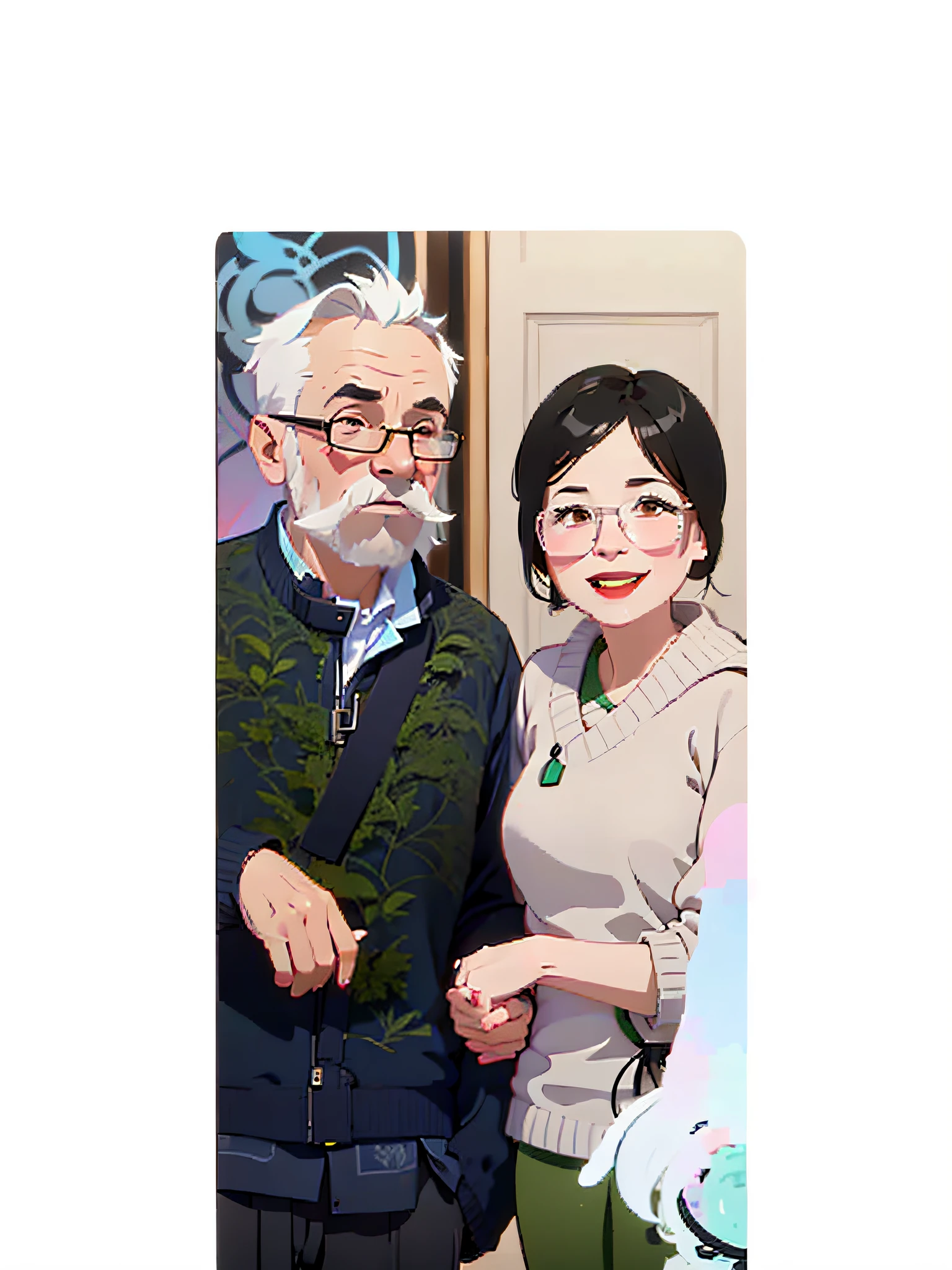 1 sticker, handbook, (sticker, 2 old couples, one old man, one old woman, old woman with short coiled black hair, man with white hair, a strong expression, Normal clothes, moderately fashionable, moss, pavilion, parts split), watercolor, white background, simple background, minimal, cute, tiny, pastel color, vector style, no gradient, handsome, ultra high quality、blue archive emoji style, detailed, cartoon, simple features, ultra high quality, vector, strong contours, sticker, simple background, white background, one man and one woman, old couple, cute, man with glasses and white hair and green sweater, woman no glasses, smiling, beautiful, minimalistic but cool background.