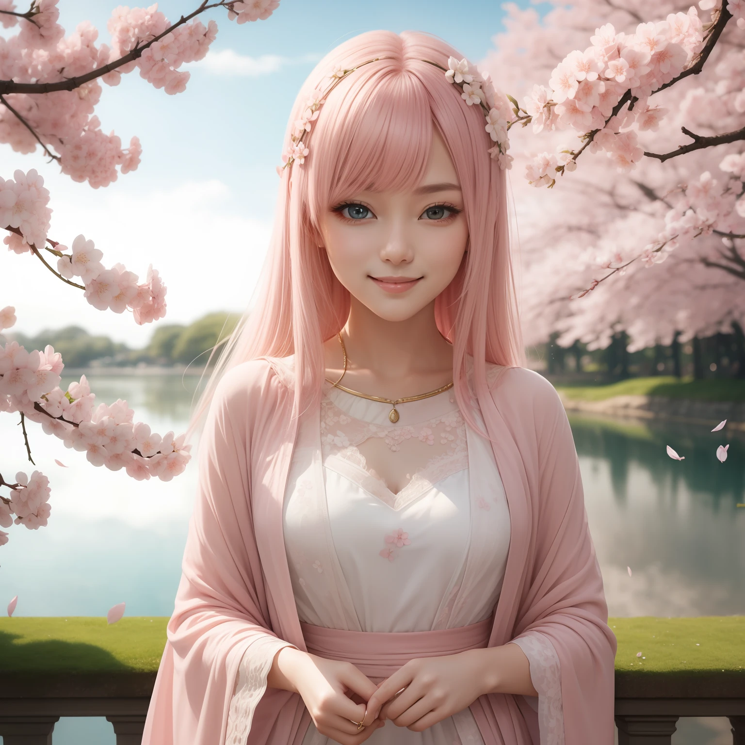 (masterpiece)8k、beste-Qualit、Adult woman in cherry blossom、Light pink straight hair、kindly smile、fantasy-inspired