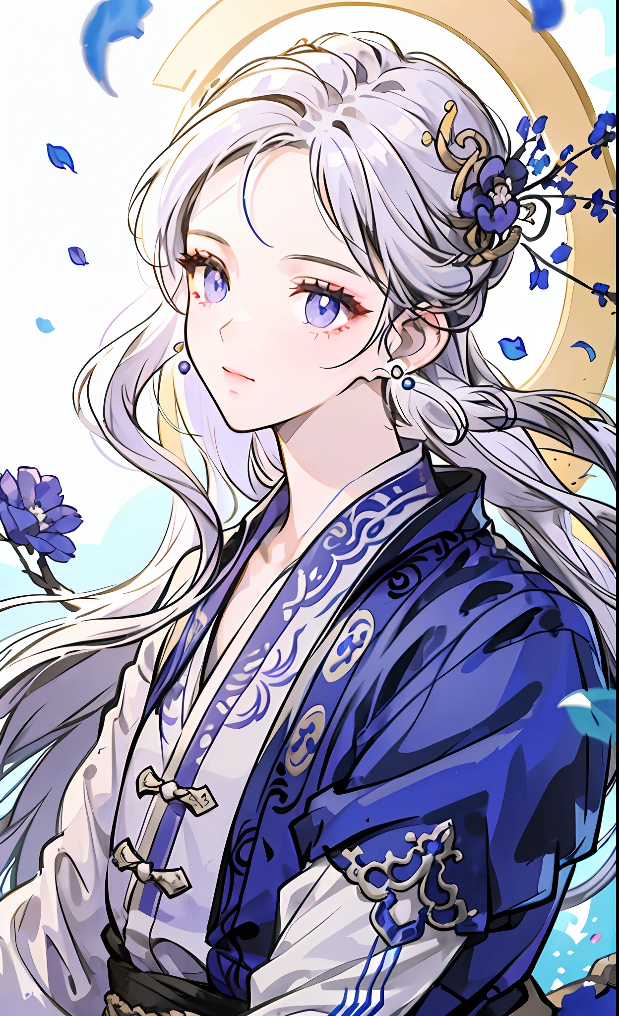 Mature girl, purple eyes, blue-white hair color, floating hair, delicate and flexible eyes, intricate damask hanfu, gorgeous accessories, wearing pearl earrings, fov, f/1.8, masterpiece, ancient Chinese architecture, blue sky, flower petals flying, front portrait shot, Chang'e, side lighting, sunlight on people, 8K
