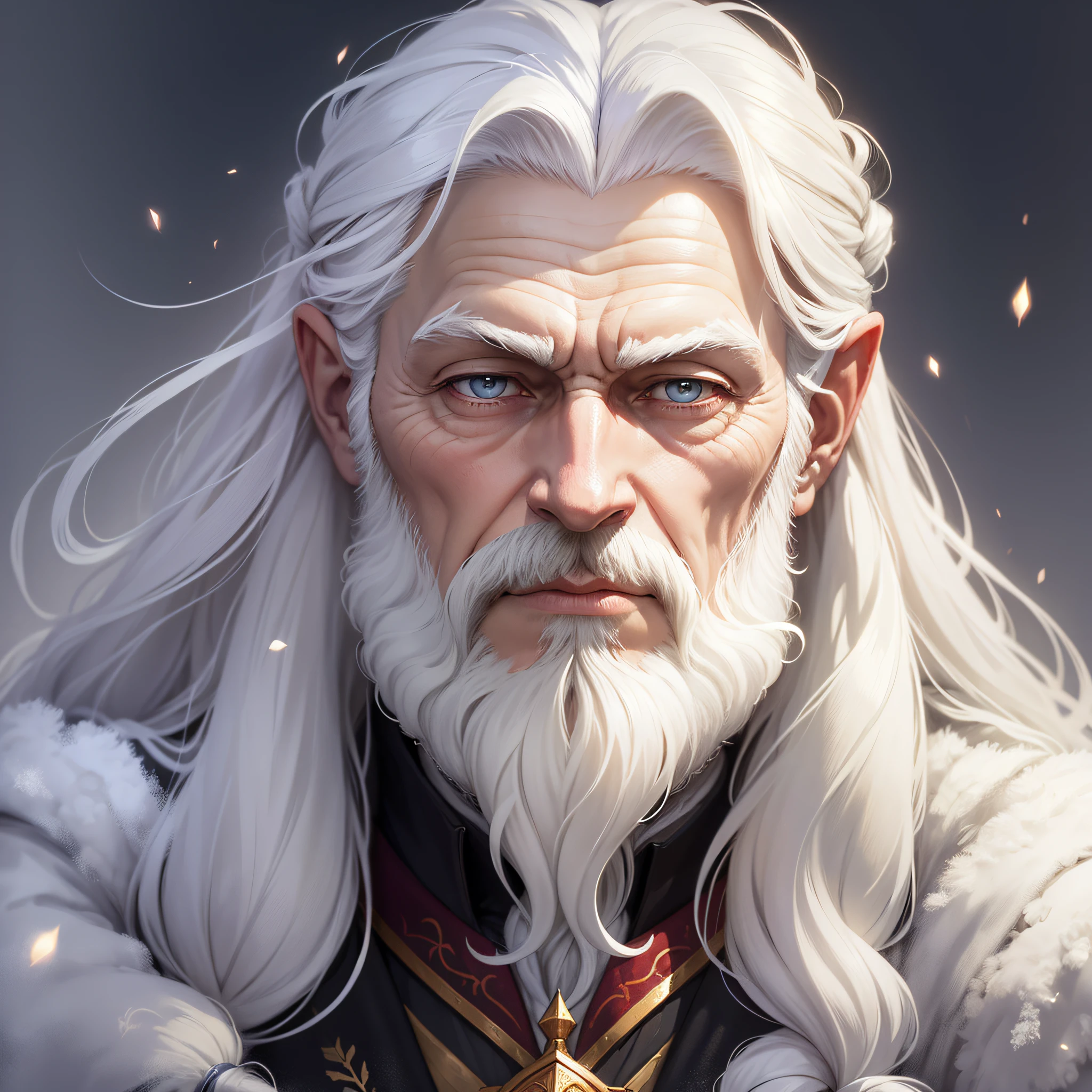 black man, white hair, white beard, yellow eyes, black skin, light black skin, detailed face, high quality image, 8k, background forest, night, dark sky, magic, black clothes
