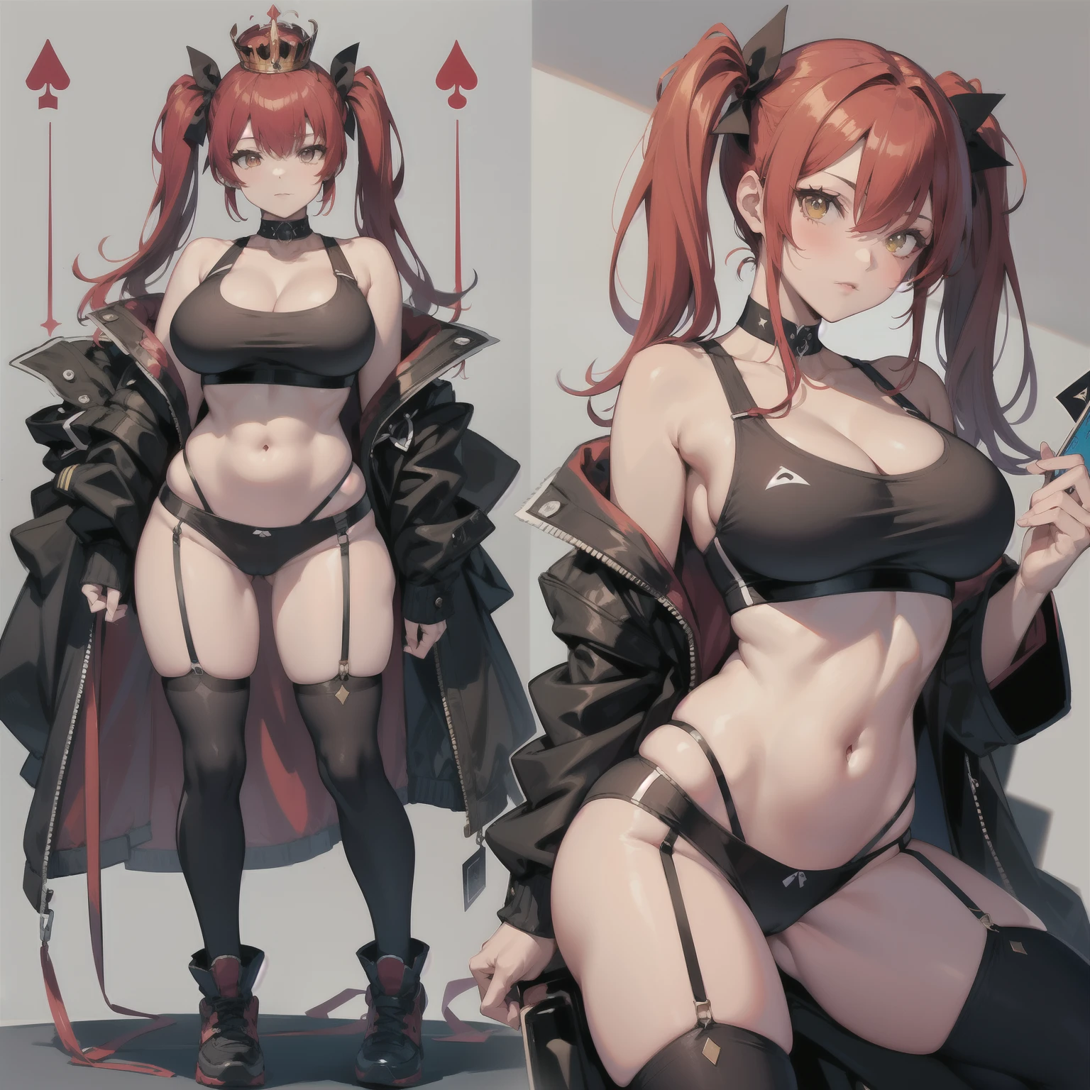 houshou marine, large breasts, twintails, red hair, blacked, queen of spades, black thong, black sports bra