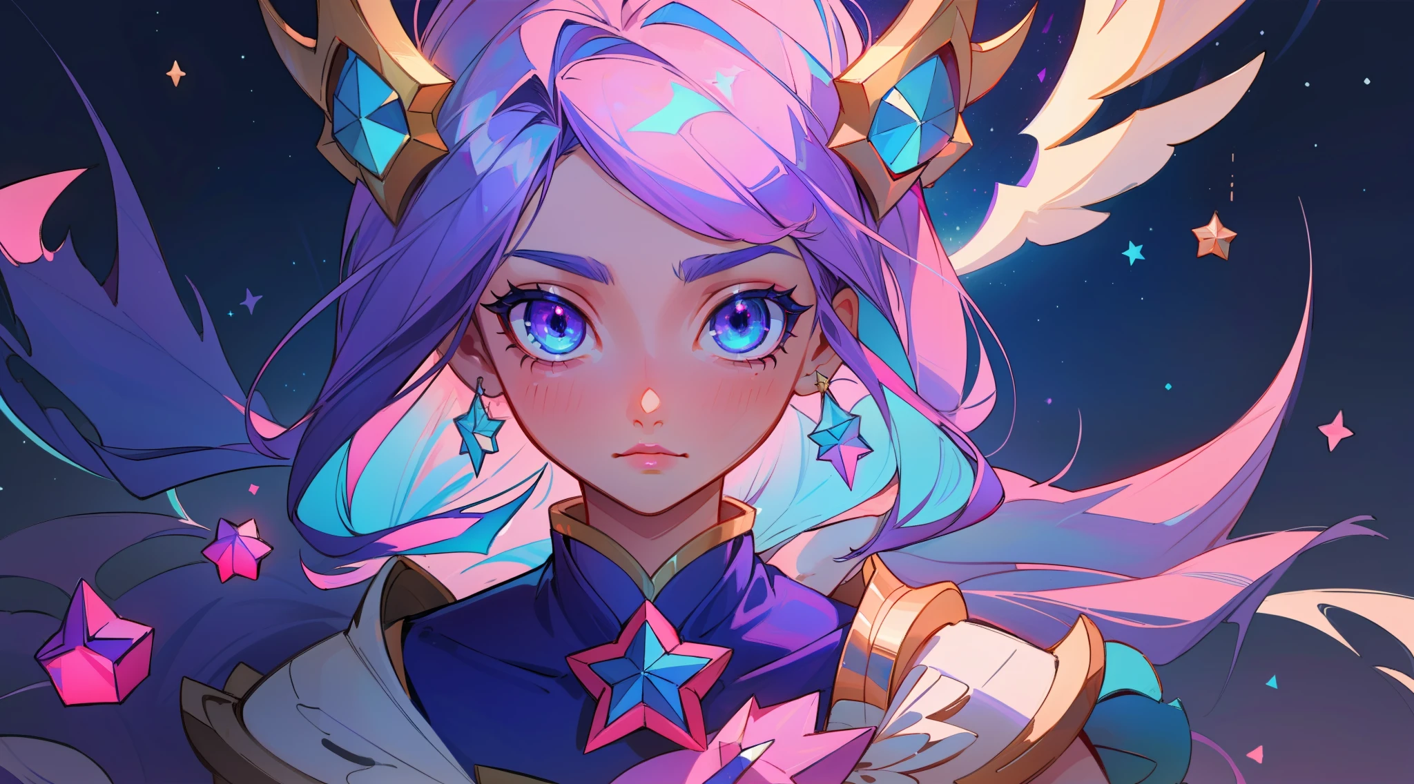 (masterpiece, best quality), intricate details, 8k, artstation, sharp focus, 1girl, star guardian, league of legends, (pink, purple, blue color theme)