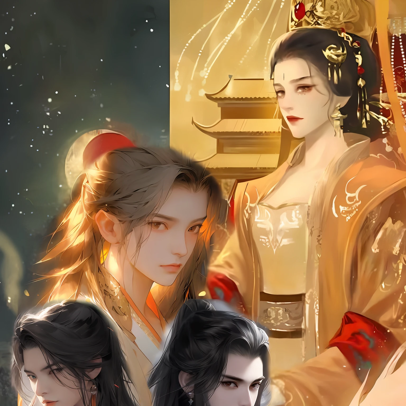 There are three women in the painting,A bird in the background, xianxia fantasy, by Yang J, inspired by Du Qiong, ((a beautiful fantasy empress)), full body wuxia, inspired by Ju Lian, Inspired by Zhang Han, Inspired by Tang Yifen, Inspired by Zhao Yuan, inspired by Zhang Wo, heise jinyao