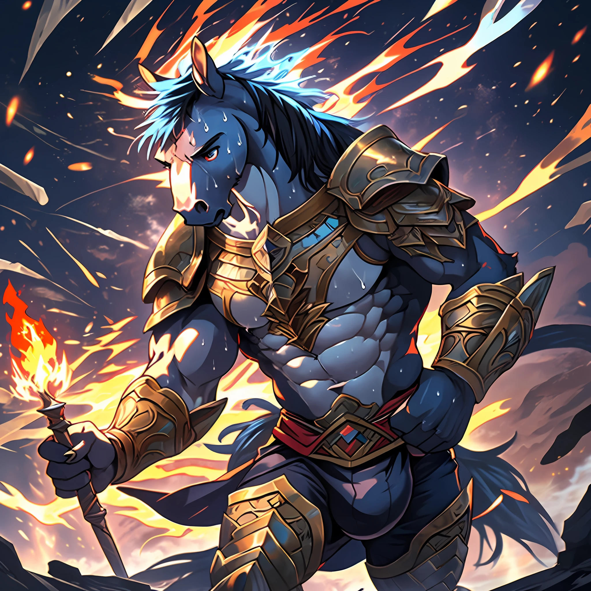 top quality, high-quality illustrations, the beautiful depiction of light seen in Vermeer's works, the intricate portrayal of muscles found in Michelangelo's works, Landscapes inspired by biblical themes depicted by Leonardo da Vinci, masterpiece, dark fantasy, castle, gatekeeper, absurdres, Perfect Anatomy((kemono, beastman, solo focus, bulge in the crotch))(Anthro)((horse facial features, horse body features))(detailed muscles))full body(Fighting Pose) Armor, Spear, Medieval Warrior, (dense sweat:1.4), casting lightning, electricity, swirling fire, radiating power, sparks, smoke, magic, ((dramatic)), epic, battlefield, depth of field, bokeh, 4k, gothic, ember, particles,