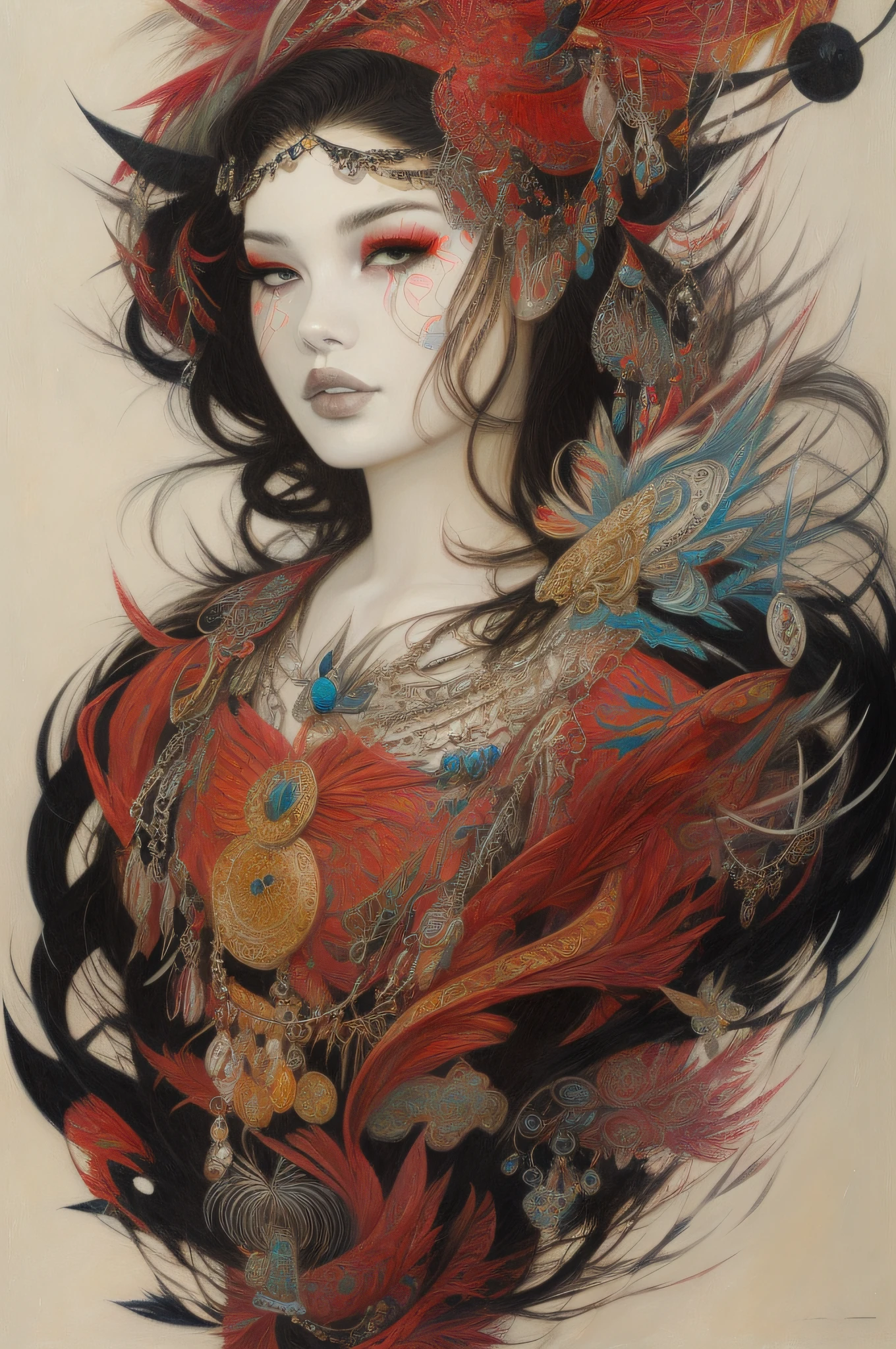 a painting of a woman with a red and black headpiece, James Jean e Wlop, Arte de James Jean, inspirado em Takato Yamamoto, pintura bonita intrincada, inspirado por James Jean, bela pintura intrincada, JC Leyendecker e Sachin Teng, Artgerm e James Jean, James Jean Arte, James Jean e Peter Mohrbacher