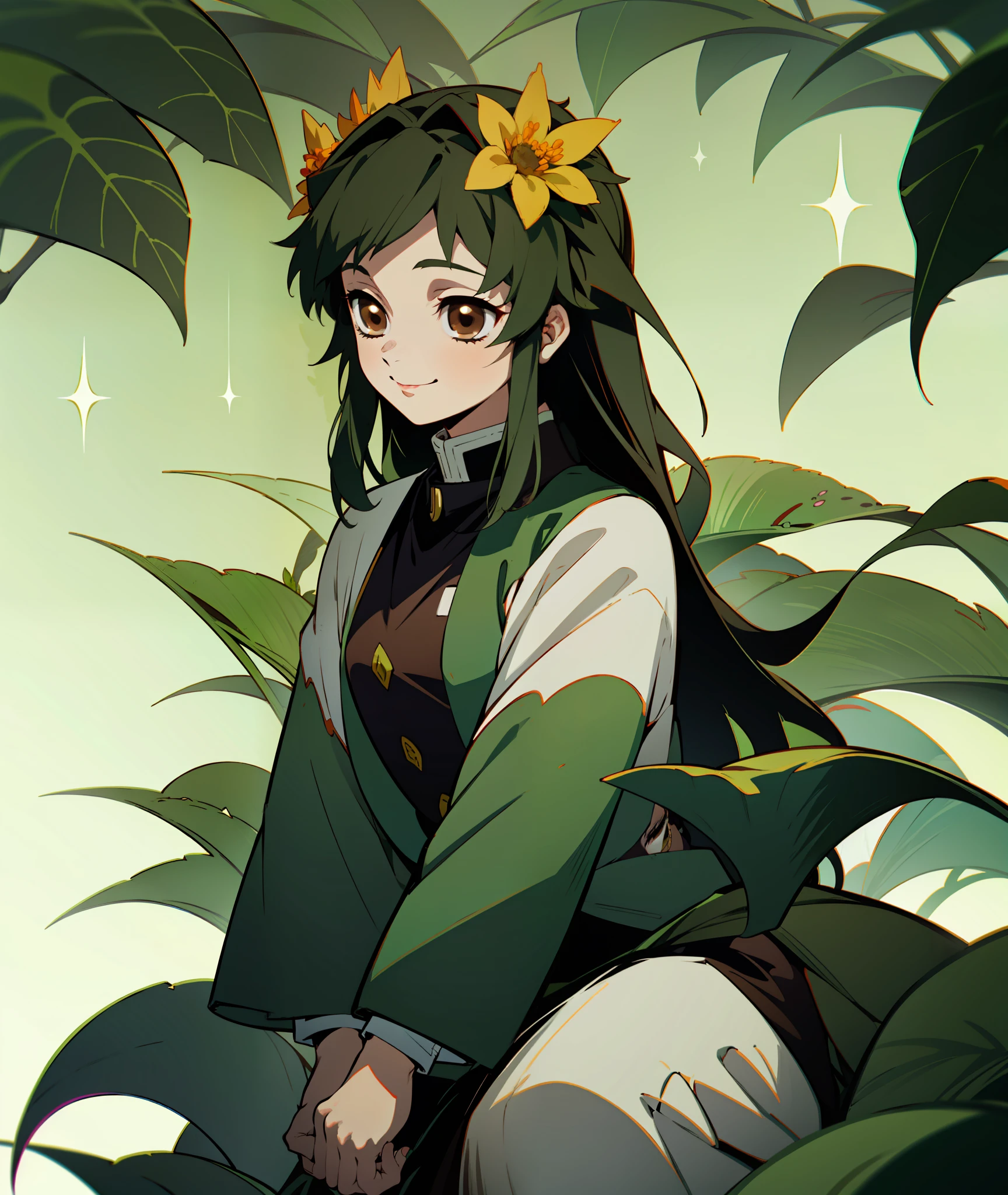 1girl, dark green hair, brown eyes, quiet, happy, calm, smile, cute, long hair, doe eyes, green haori, demon slayer uniform, leaves in hair, vine crown, vines, leaf, plants, flower crown