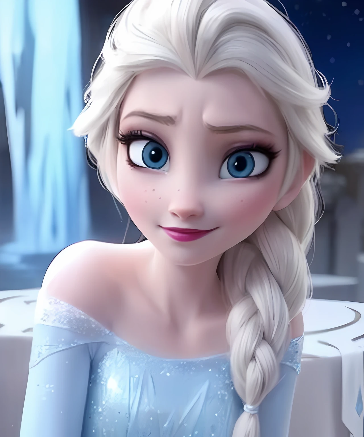 Elsa de Arendelle, vestido azul hielo, single braid ,single braid,(mirando al espectador:1.1),(noche:1.2),They are smiling,1girl,solamente,Enfoque en solitario, Estilo Disney, animacion disney, pelicula disney