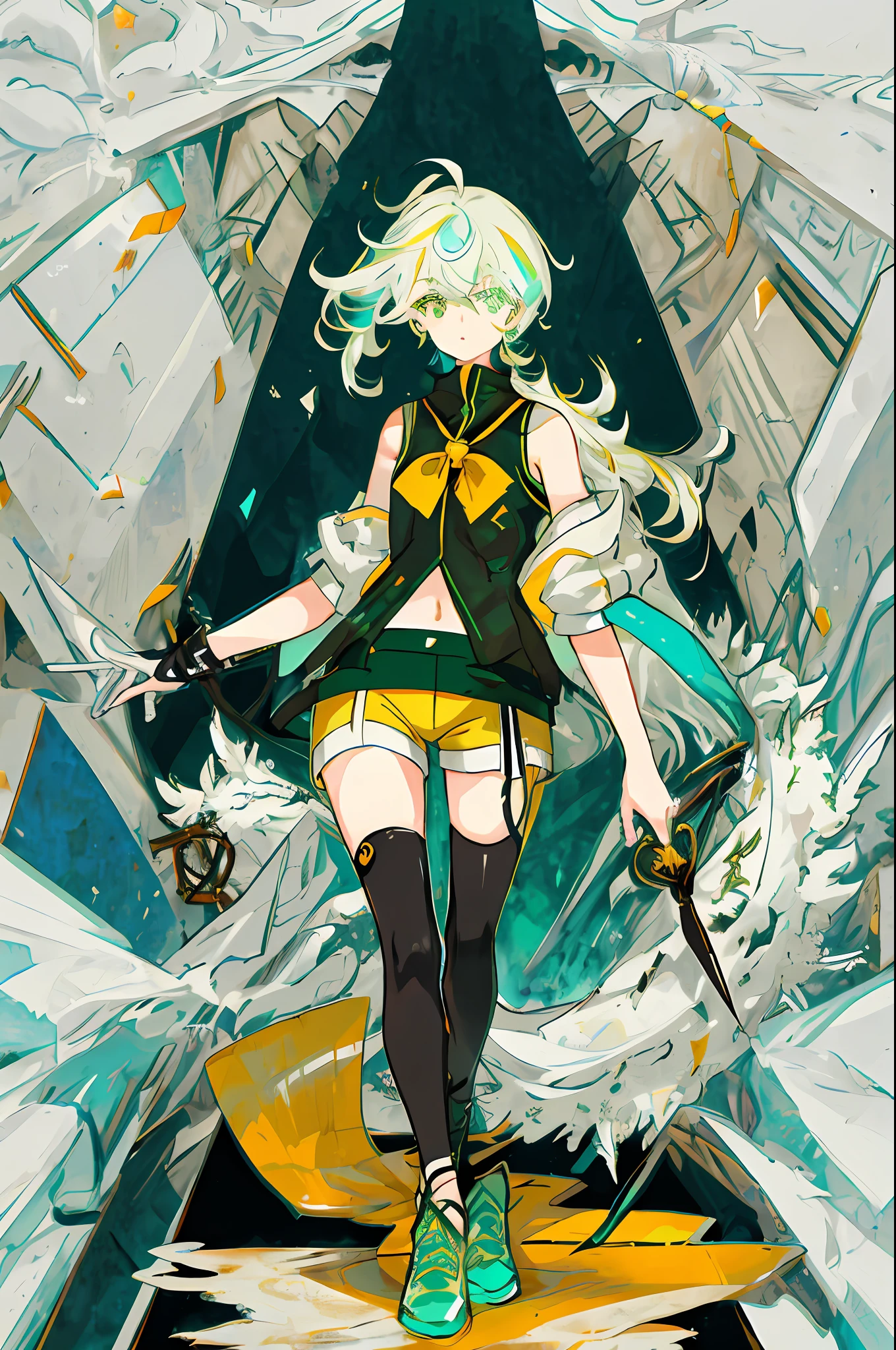 masterpiece,best quality,highly detailed,{1boy},artbook,light,huge_filesize,colorful,leggings,ankle_lace-up,yellow eyes,green eyes,cryamore,shiny hair,aqua eyes,symbol-shaped pupils,asymmetrical hair,colored eyelashes,messy_hair,white hair,short shorts
