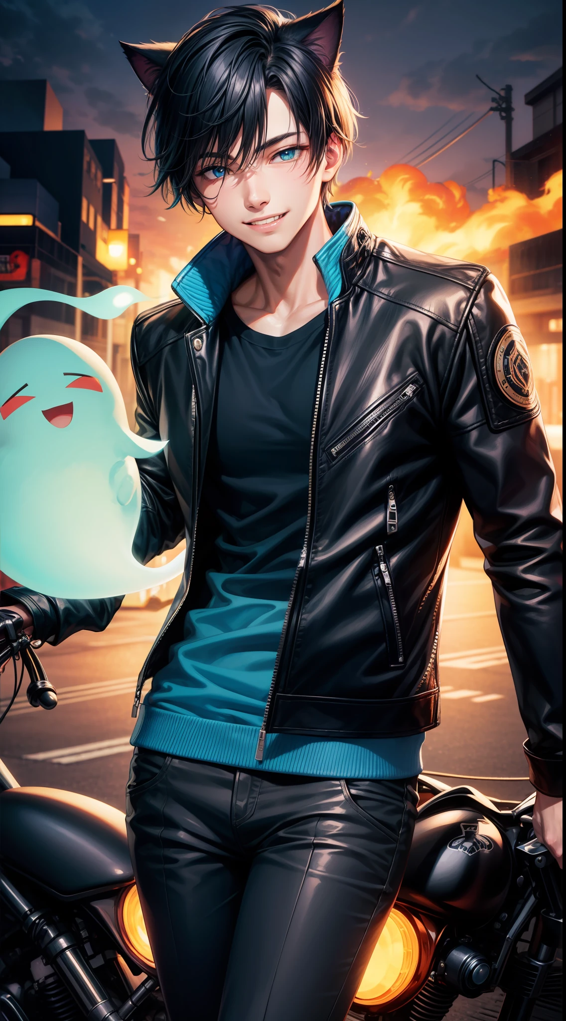 Young guy, Short dark blue hair, Cyan eyes, cat ears, leather jacket, a smile, Ghost Rider, Masterpiece, highly quality