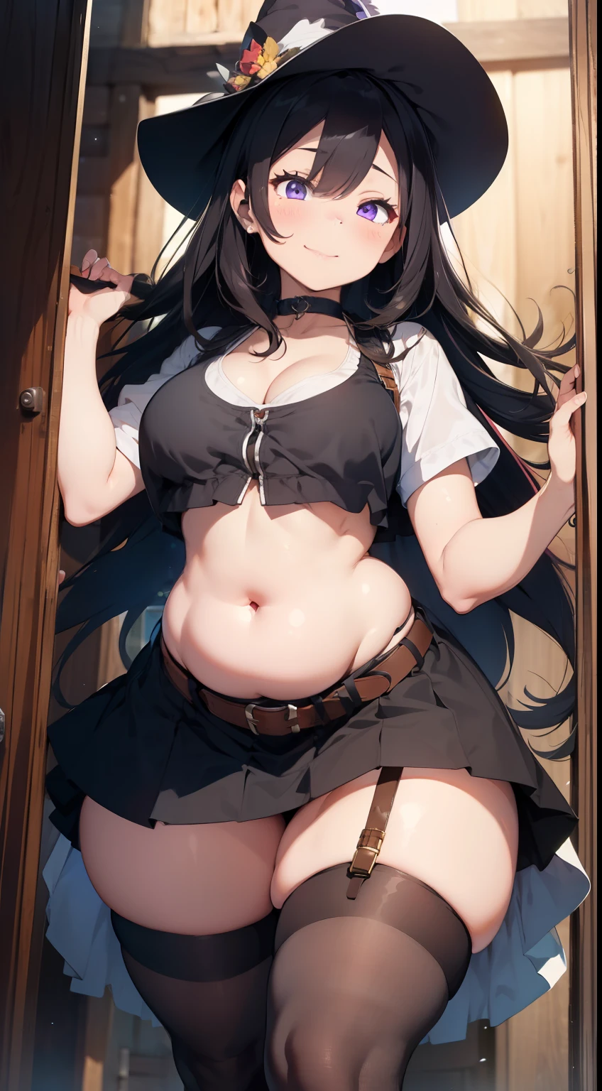 Masterpiece, high quality, best quality, beautiful, HD, perfect lighting, detailed face, detailed body, ((1girl)), ((solo)), medieval fantasy, fantasy village, long black hair, (fluffy hair), flowing hair, purple eyes, confitent smile, closed eyes, smug, ((black crop top)), ((black skirt)), thigh highs, choker, belt across hip, witches hat, ((small breasts)), cleavage, perky breasts, she is bottom-heavy, ((((wide hips)))), (((((thick thighs))))), ((chubby)), ((tummy bulge)), (belly bulge over belt), small cabin, woods, inside, night time, dress is tight around the belly area, she has gained weight,