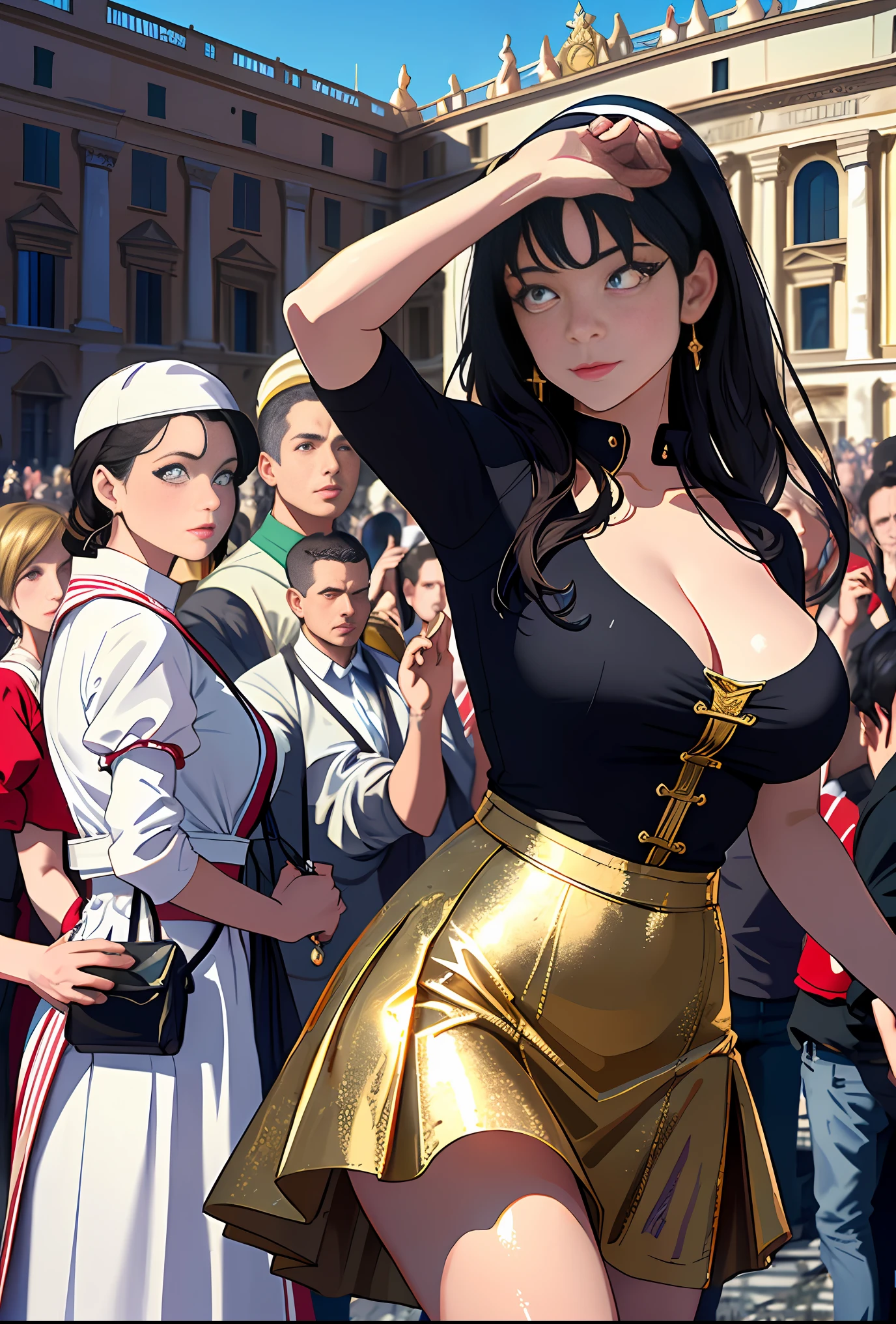 (巨作, Best quality, Realistic),
1girl huge large breasts,(on the St. Peter's Square of Vatican,crowd of), st. Peter's Square of Vatican background,gypsy dress,(Princess Eyes,shiny pupils),Dancing,  Gold, banquet, crowd of, picking up skirt,
[Slight smile],