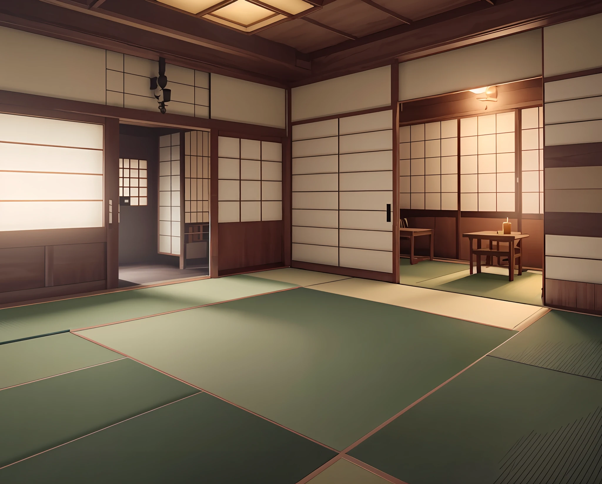there is a room with a table and a chair in it, tatami galaxy, japanese house, rendered in unreal, rendered in the unreal engine, in a dojo, akihiko yoshida. Unreal Engine, inspired by Goyō Hashiguchi, Japan. Volumetric lighting, rendered in rtx, rendered in the unreal engine, rendered in lumion pro