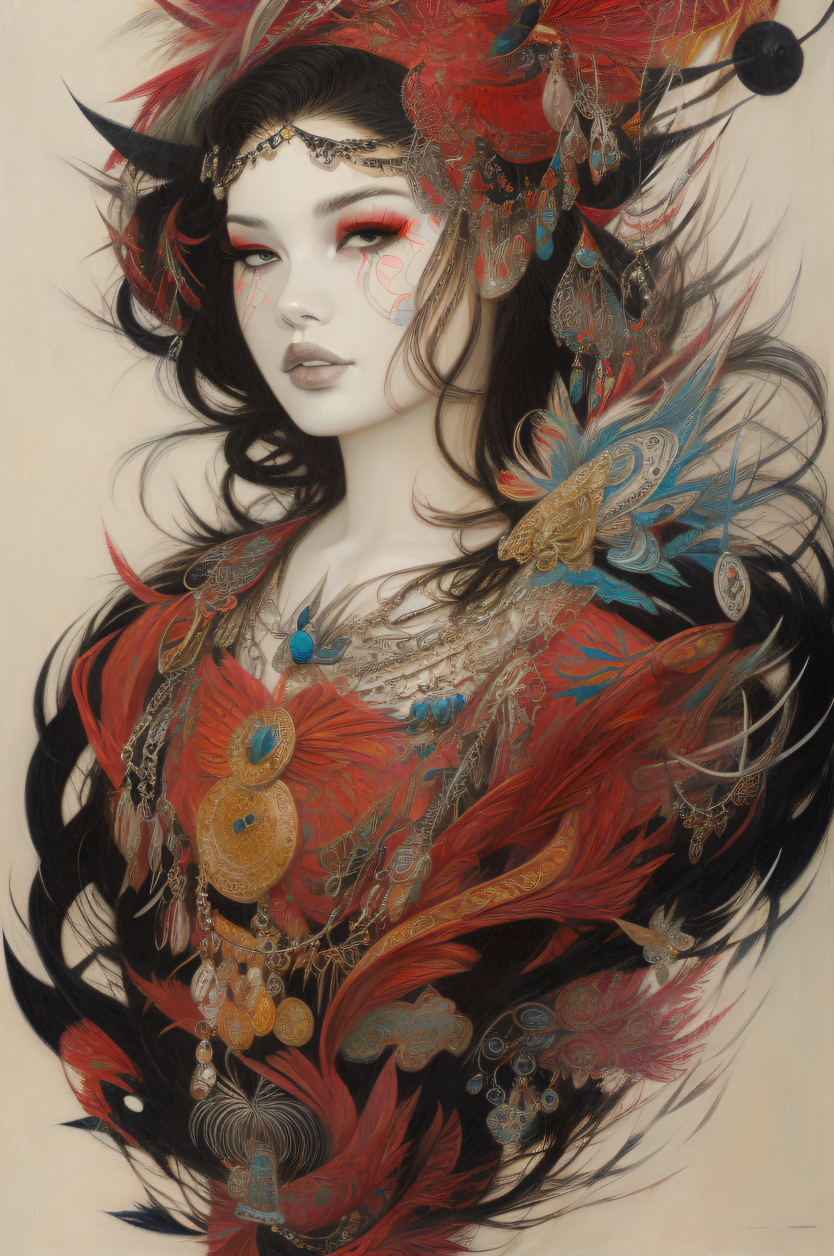 a painting of a woman with a red and black headpiece, James Jean e Wlop, Arte de James Jean, inspirado em Takato Yamamoto, pintura bonita intrincada, inspirado por James Jean, bela pintura intrincada, JC Leyendecker e Sachin Teng, Artgerm e James Jean, James Jean Arte, James Jean e Peter Mohrbacher