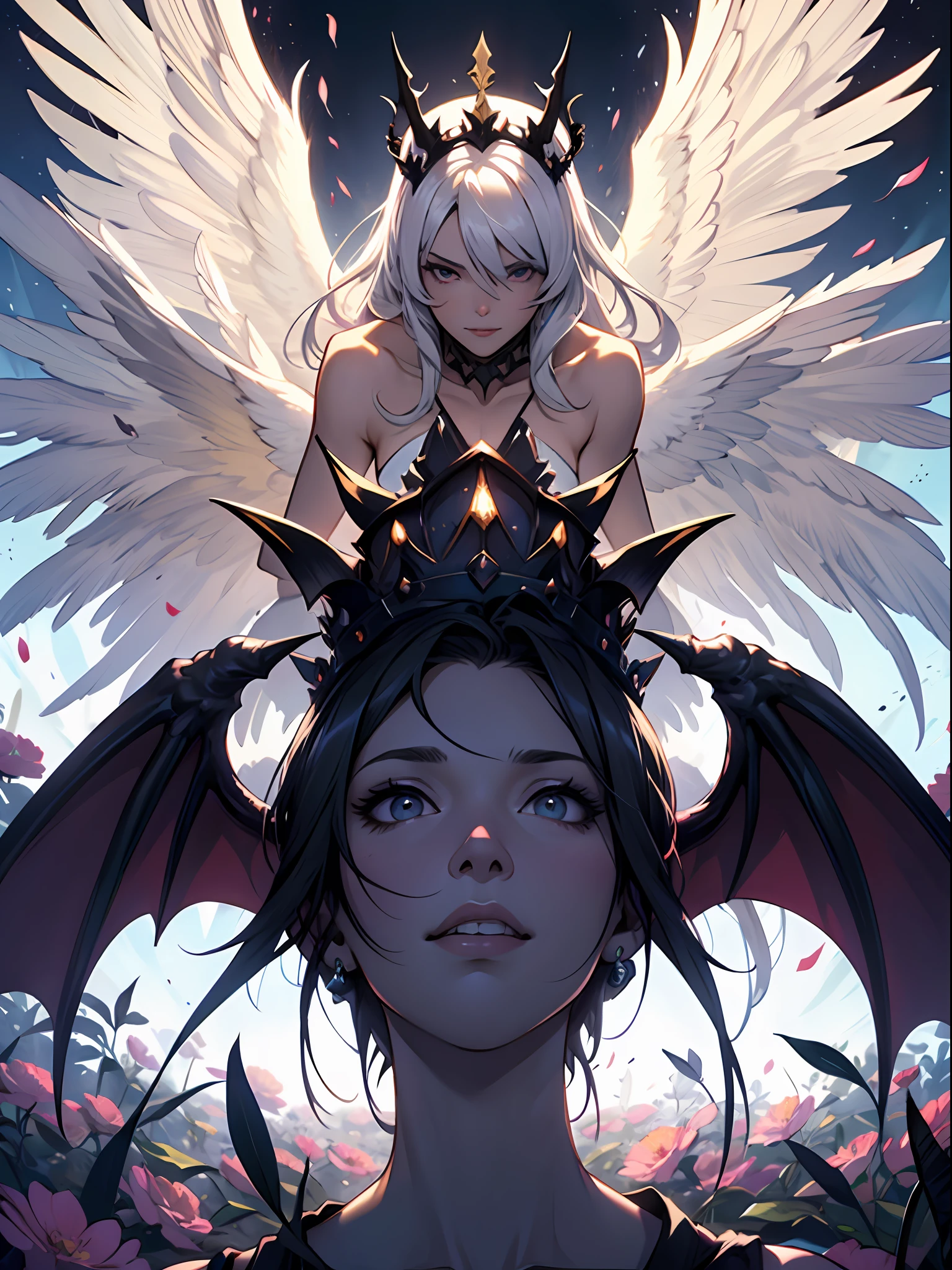 twins,2girls,(An angel,Golden crown,White feathers),(A devil,Skeleton Crown,Black bat wings),Heaven and hell coexist,((Half blooming flowers,Half withered flowers)),Wings,Quantum entanglement,((Hyper-realistic)),Roulette of background fate,intricated,offcial art,masterpiece,high qulity,super-fine,16K resolution,