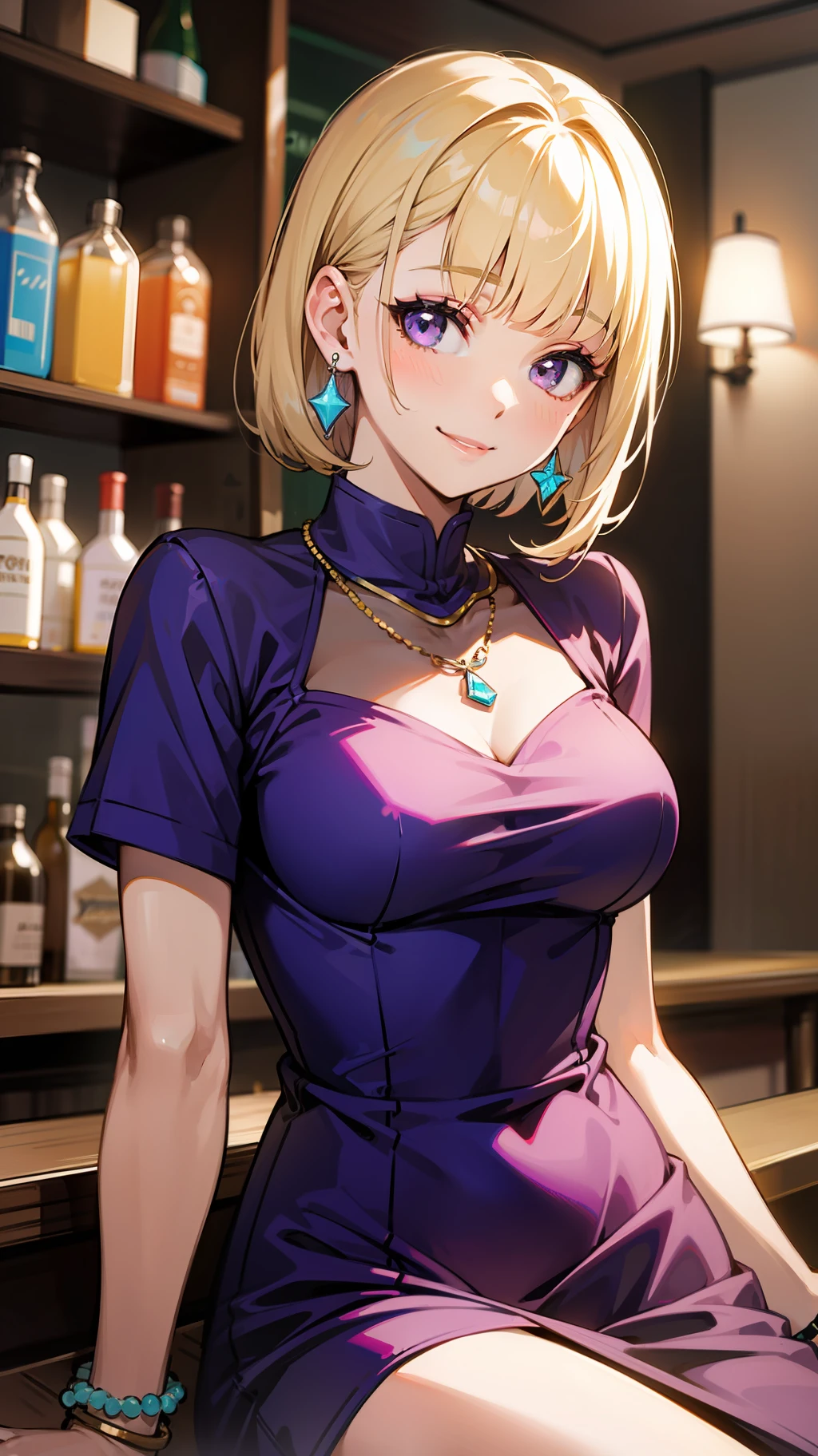 Best quality, masutepiece, Super-High Resolution, Photorealistic,
1girl in, Blunt bangs, Dark Eyes, hugetits, Short hair, Blonde hair, straight haired, makeup, Hostess (in a hostess bar),
Looking at Viewer, (Smile:1.1),
earrings, Necklace, Bracelets, purple velvet dress,
in the bar with many people, spot light,
From the knee up,