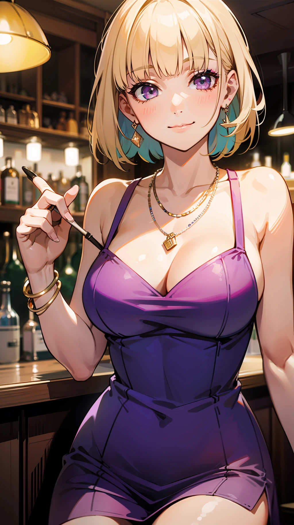 Best quality, masutepiece, Super-High Resolution, Photorealistic,
1girl in, Blunt bangs, Dark Eyes, hugetits, Short hair, Blonde hair, straight haired, makeup, Hostess (in a hostess bar),
Looking at Viewer, (Smile:1.1),
earrings, Necklace, Bracelets, purple velvet dress,
in the bar with many people, spot light,
From the knee up,