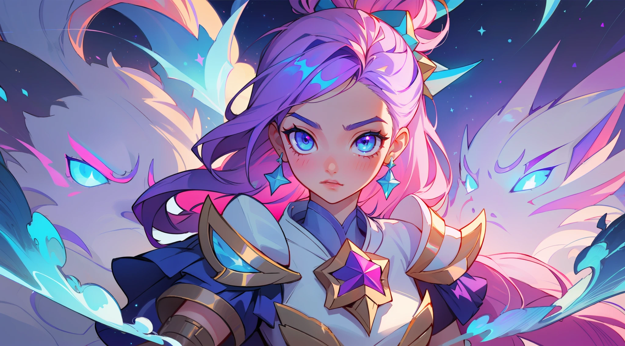 (masterpiece, best quality), intricate details, 8k, artstation, sharp focus, 1girl, star guardian, league of legends, (pink, purple, blue color theme)