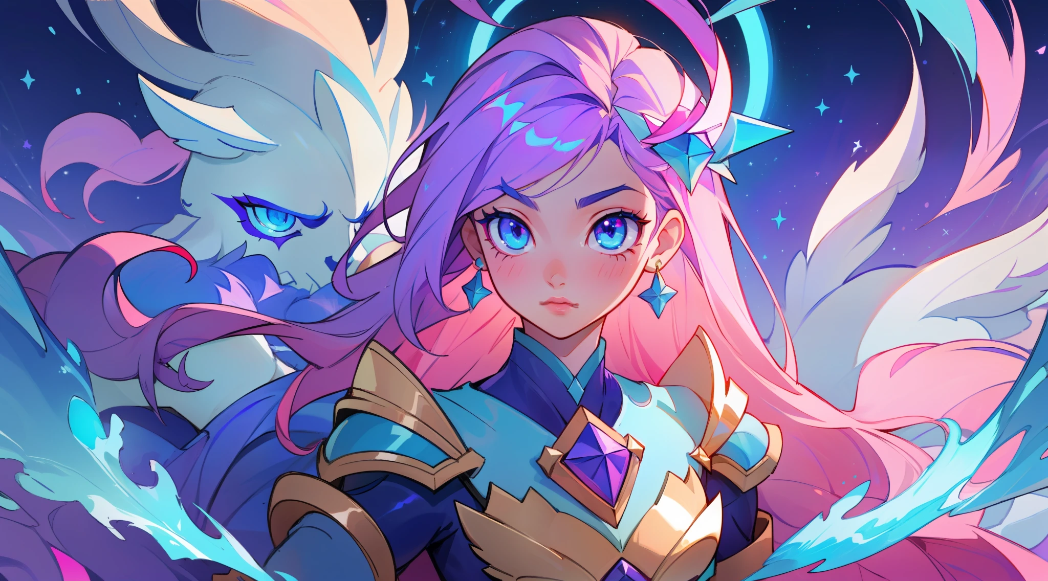 (masterpiece, best quality), intricate details, 8k, artstation, sharp focus, 1girl, star guardian, league of legends, (pink, purple, blue color theme)