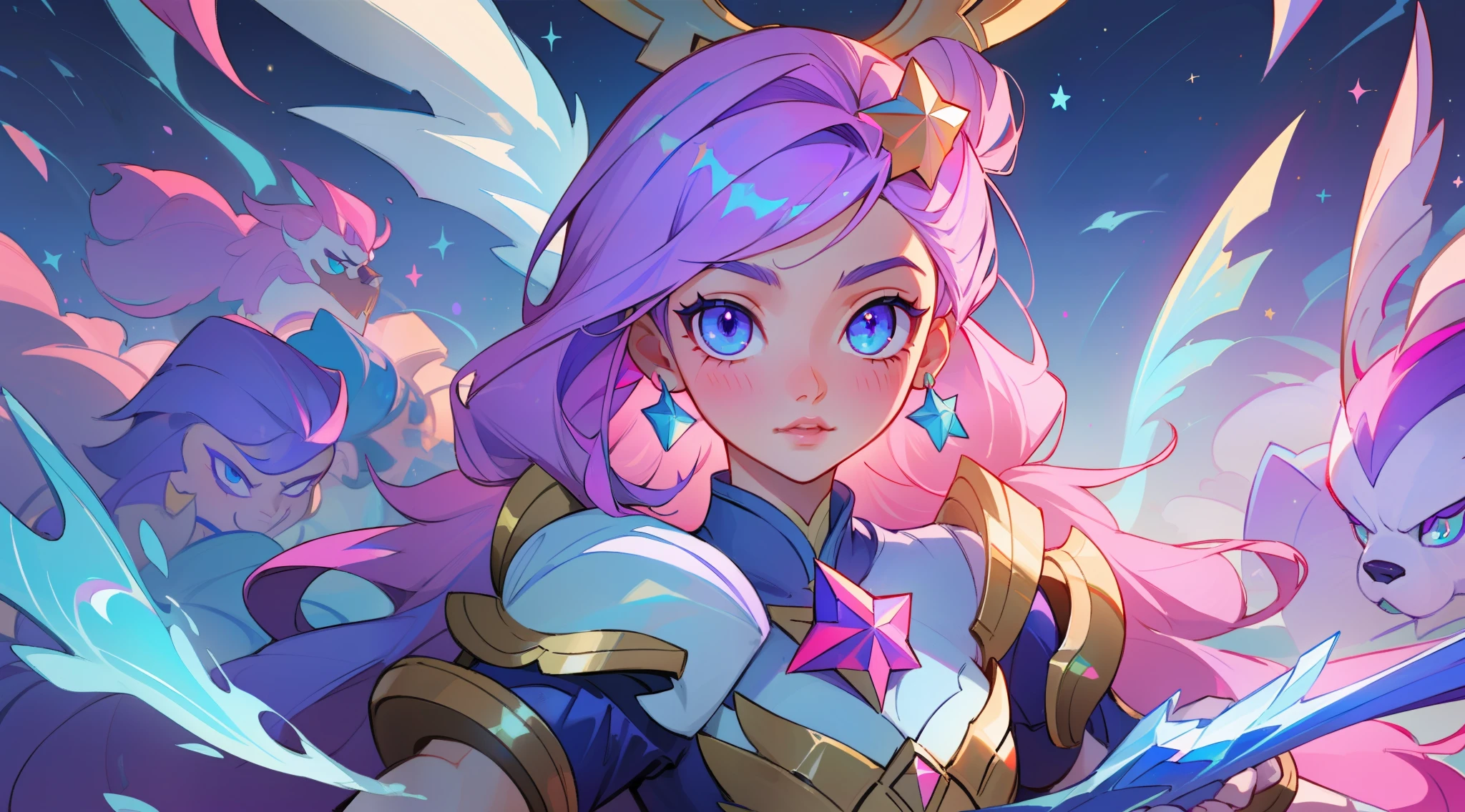 (masterpiece, best quality), intricate details, 8k, artstation, sharp focus, 1girl, star guardian, league of legends, (pink, purple, blue color theme)