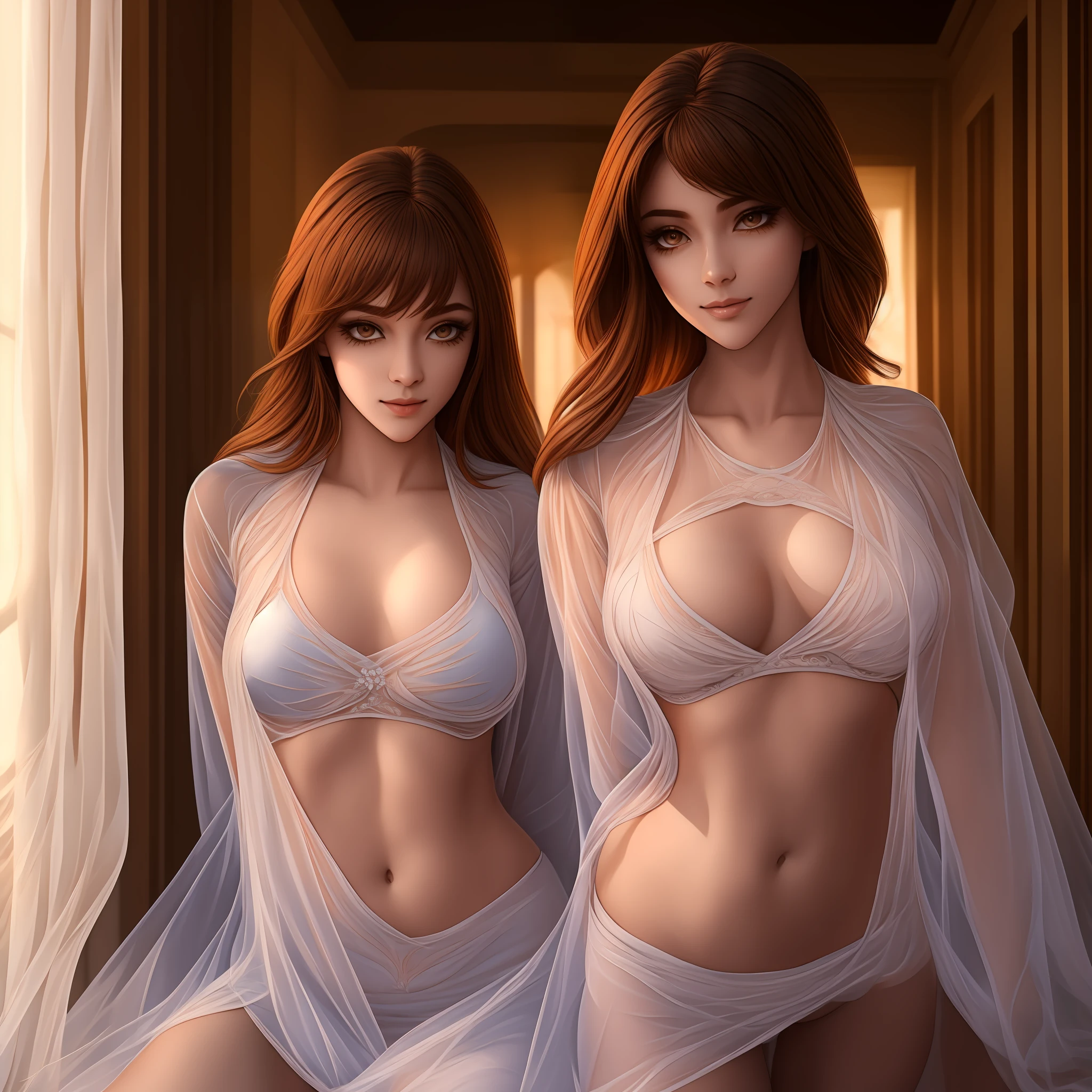 "Mulher em uma sacada com roupas transparentes, cabelos cacheados e ruivos com efeito de luz revelando um corpo deslumbrante, at dynamic angle and suggestive pose. Olhos pretos contrastam com pele clara e branca. (1mulher)"