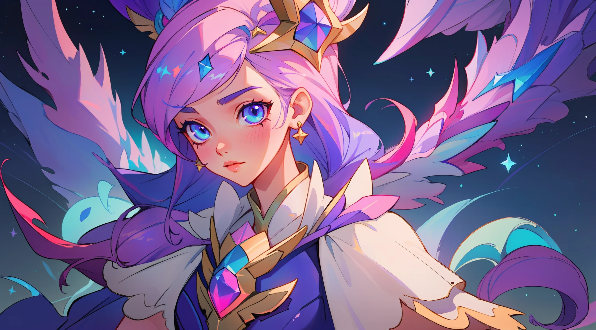 (masterpiece, best quality), intricate details, 8k, artstation, sharp focus, 1girl, star guardian, league of legends, (pink, purple, blue color theme)