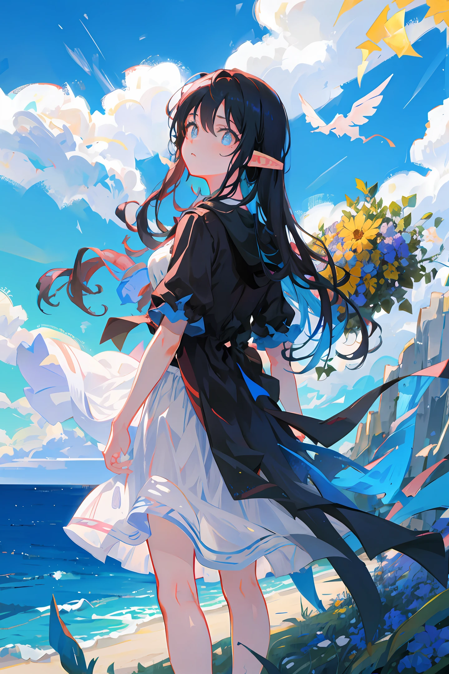 In a sea of flowers in a blue sky
A girl with long black hair and an elf-like look
The blue pupils have cold emotions in their eyes
Beautiful white dress fluttering in the wind
A pair of wings grew on his back