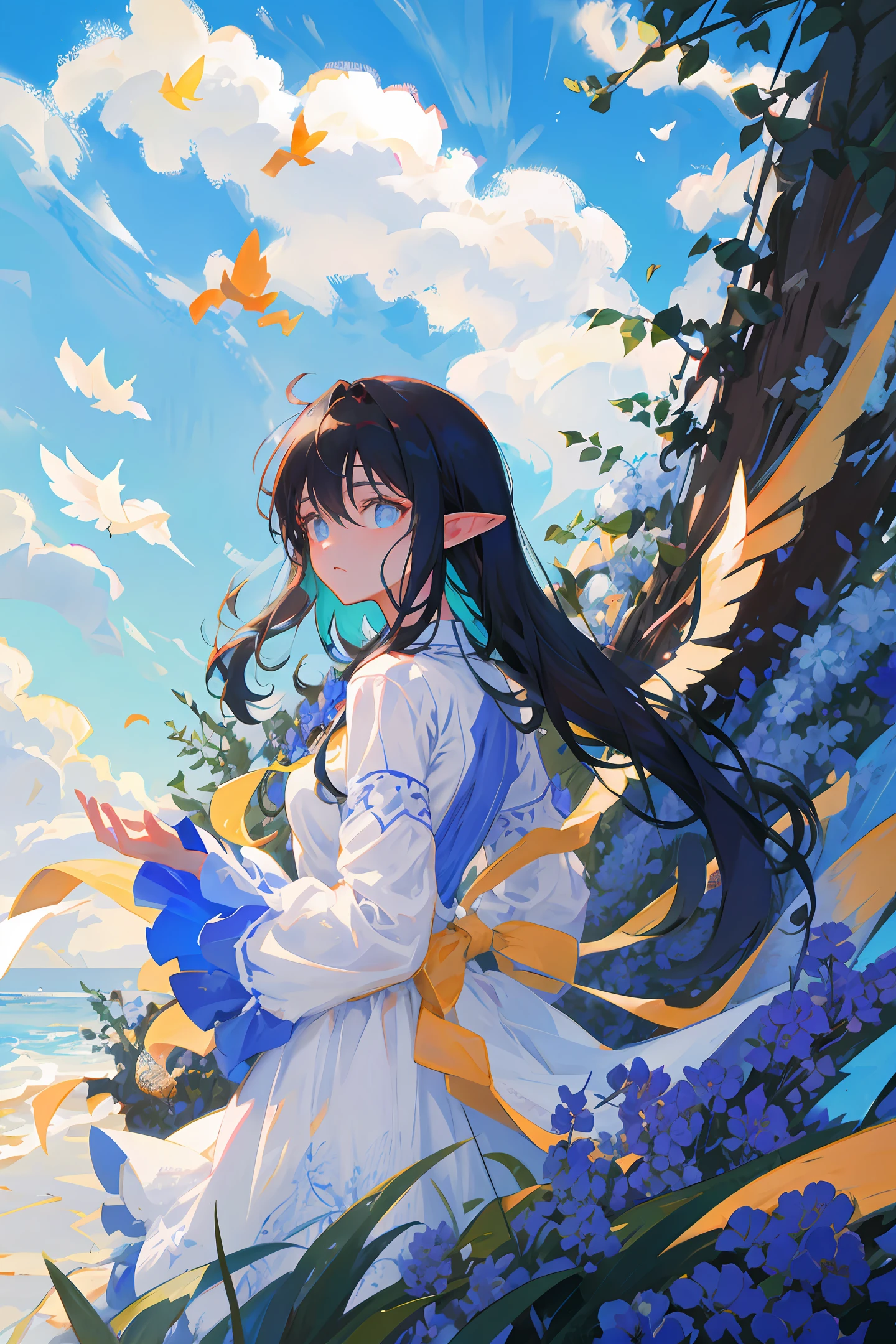 In a sea of flowers in a blue sky
A girl with long black hair and an elf-like look
The blue pupils have cold emotions in their eyes
Beautiful white dress fluttering in the wind
A pair of wings grew on his back