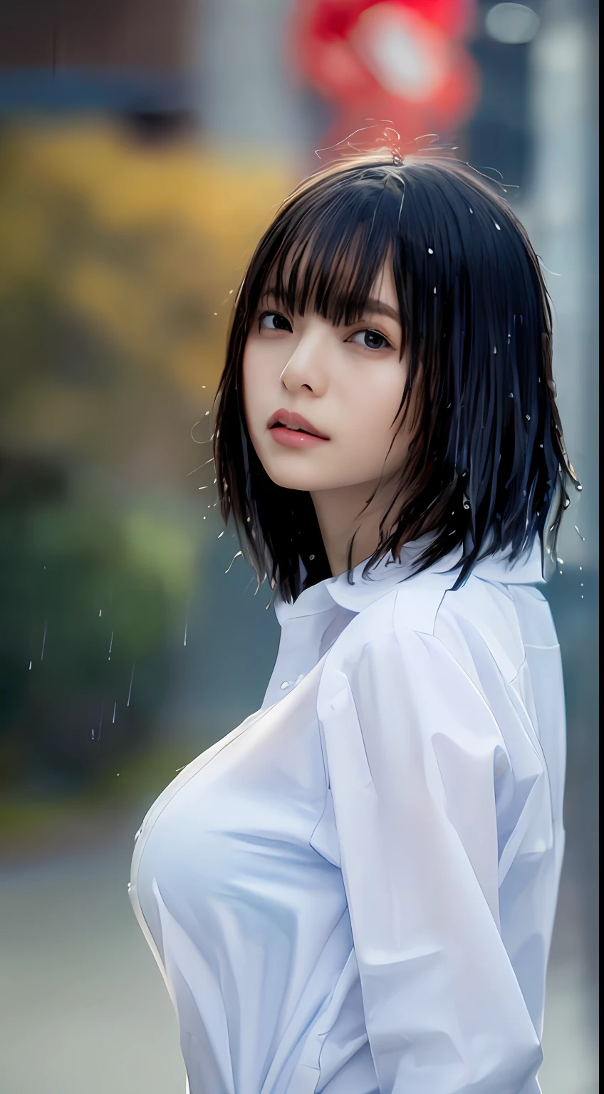 ((Best quality, 8k, Masterpiece :1.3)), Sharp focus :1.2, A pretty woman with perfect figure :1.4, Slender abs :1.2, ((Layered haircut, Big breasts :1.2)), (Wet white button up long shirt :1.1), (Rain, Street:1.2), Wet body :1.5, Highly detailed face and skin texture, Detailed eyes, Double eyelid