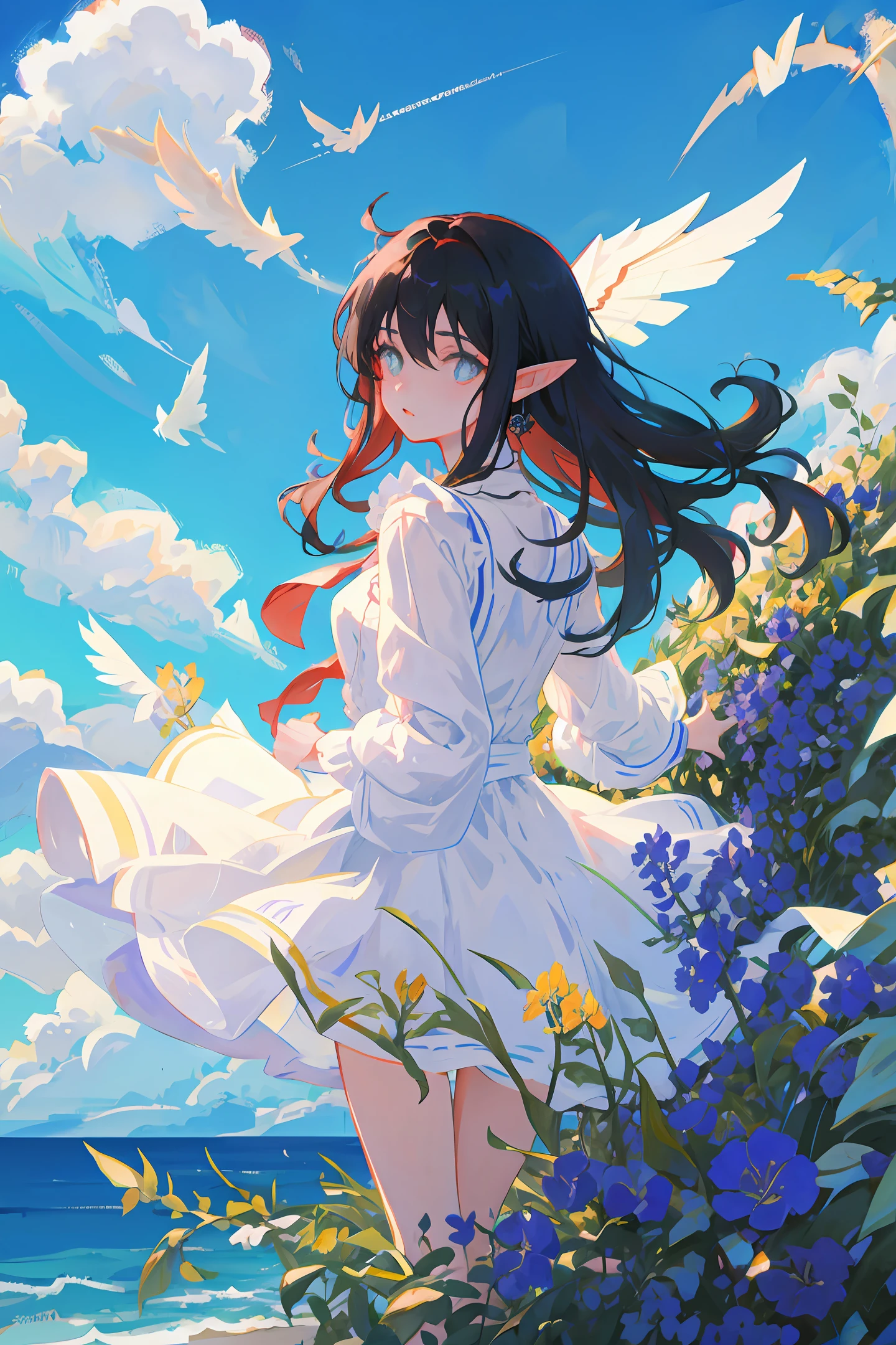 In a sea of flowers in a blue sky
A girl with long black hair and an elf-like look
The blue pupils have cold emotions in their eyes
Beautiful white dress fluttering in the wind
A pair of wings grew on his back