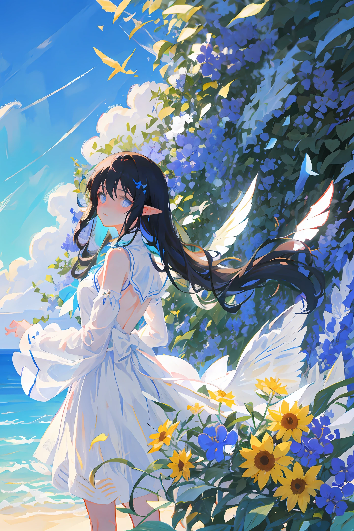 In a sea of flowers in a blue sky
A girl with long black hair and an elf-like look
The blue pupils have cold emotions in their eyes
Beautiful white dress fluttering in the wind
A pair of wings grew on his back