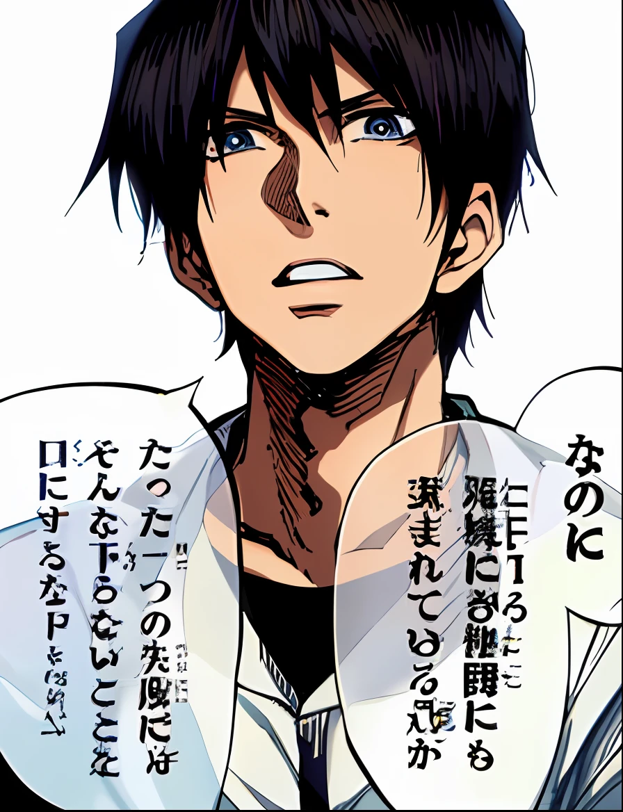 a anime of a man with a black hair, white shirt, text bubble speech, color manga, manga color, color manga, color manga panel, simple background, a white background