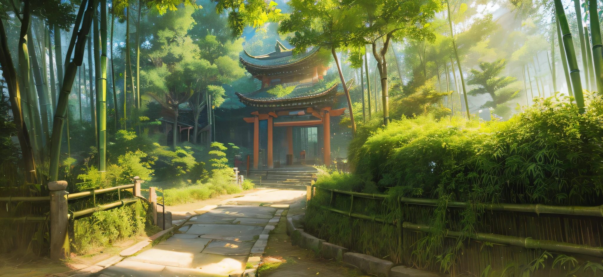 Official Art, Ancient China, Ancient Street, Bamboo Forest, (Daytime), Beautiful Landscape, Epic Landscape, Realistic Light and Shadow, Masterpiece, High Quality, Beautiful Graphics, High Detail, Global Illumination, Unreal Engine Rendering, Octane Rendering, (HDR: 1.3)