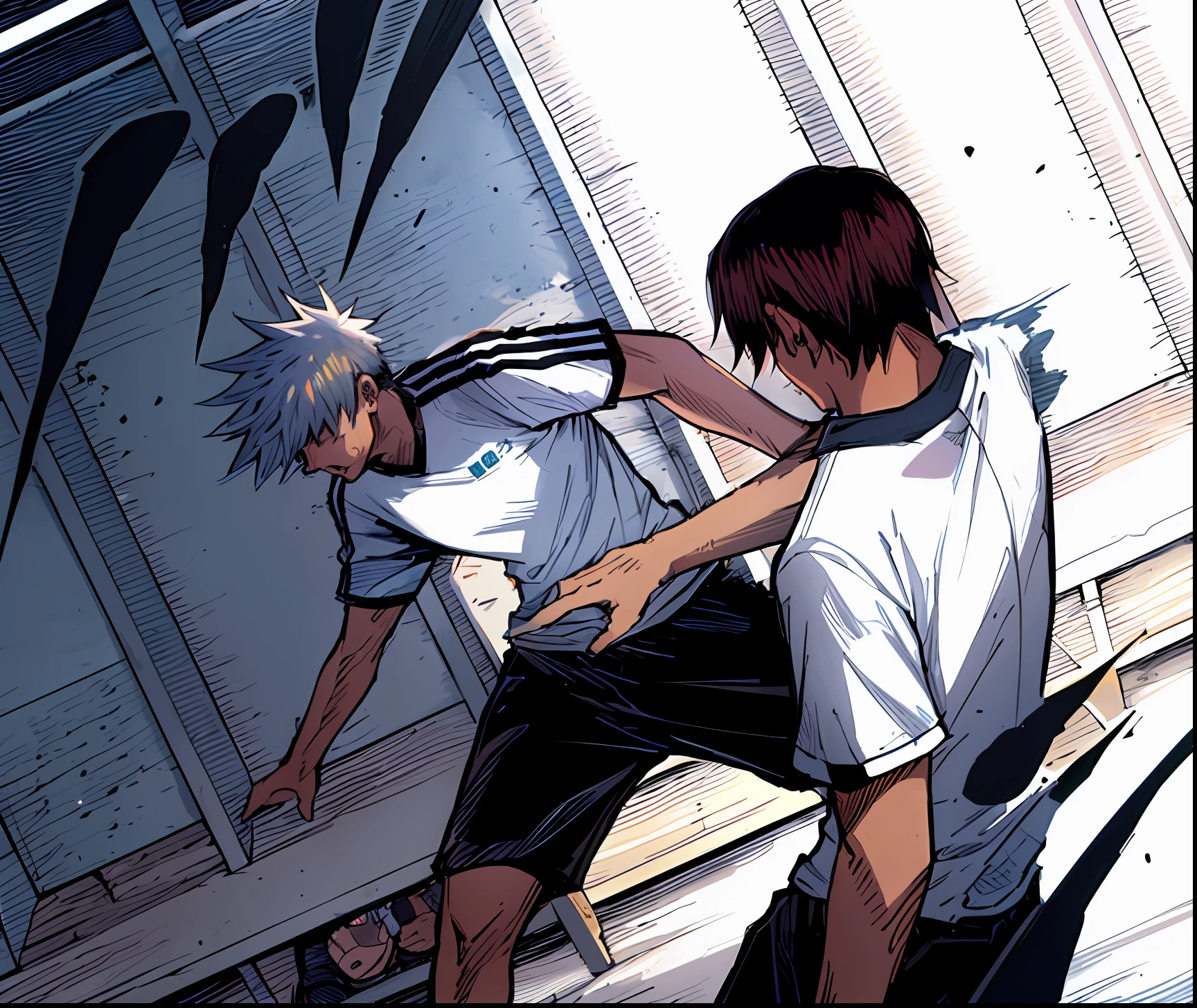 2boys, slap, slap, slapping, grip, angry, white shirt, color manga, manga color, color manga, color manga panel, simple background, a white background