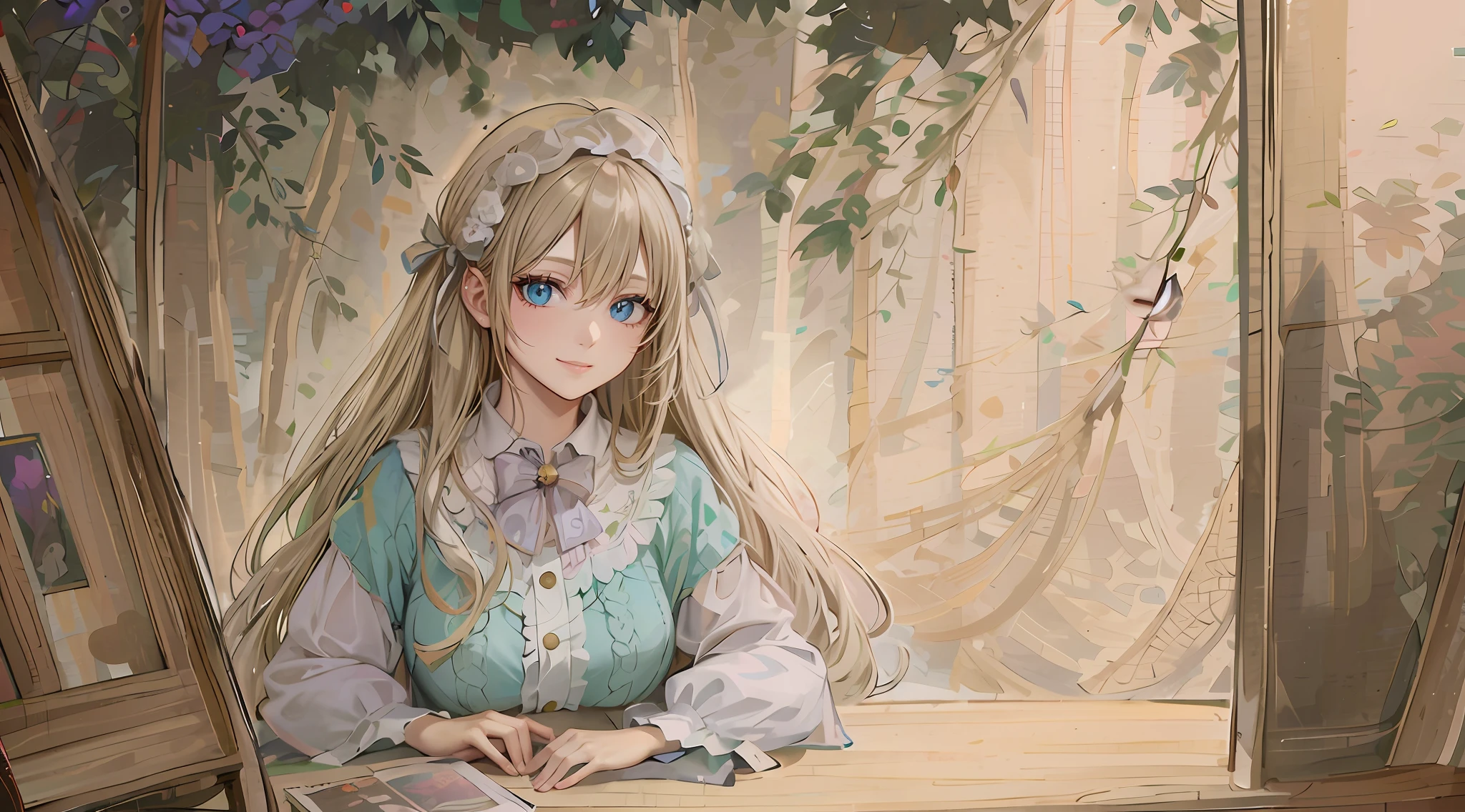 Anime girl sitting at table looking at a book, The book is at hand，high detailed official artwork, detailed portrait of an anime girl, Soft anime illustration, a beautiful anime portrait, Detailed digital anime art, Portrait of an anime girl, digital anime illustration, portrait anime girl, anime visual of a cute girl, portrait of ****ta, anime girl with long hair, Beautiful anime girl smiles naturally，anime hands，The painting style is harmonious，The eyes are meticulous，The clothes are meticulous，Exquisite clothes，