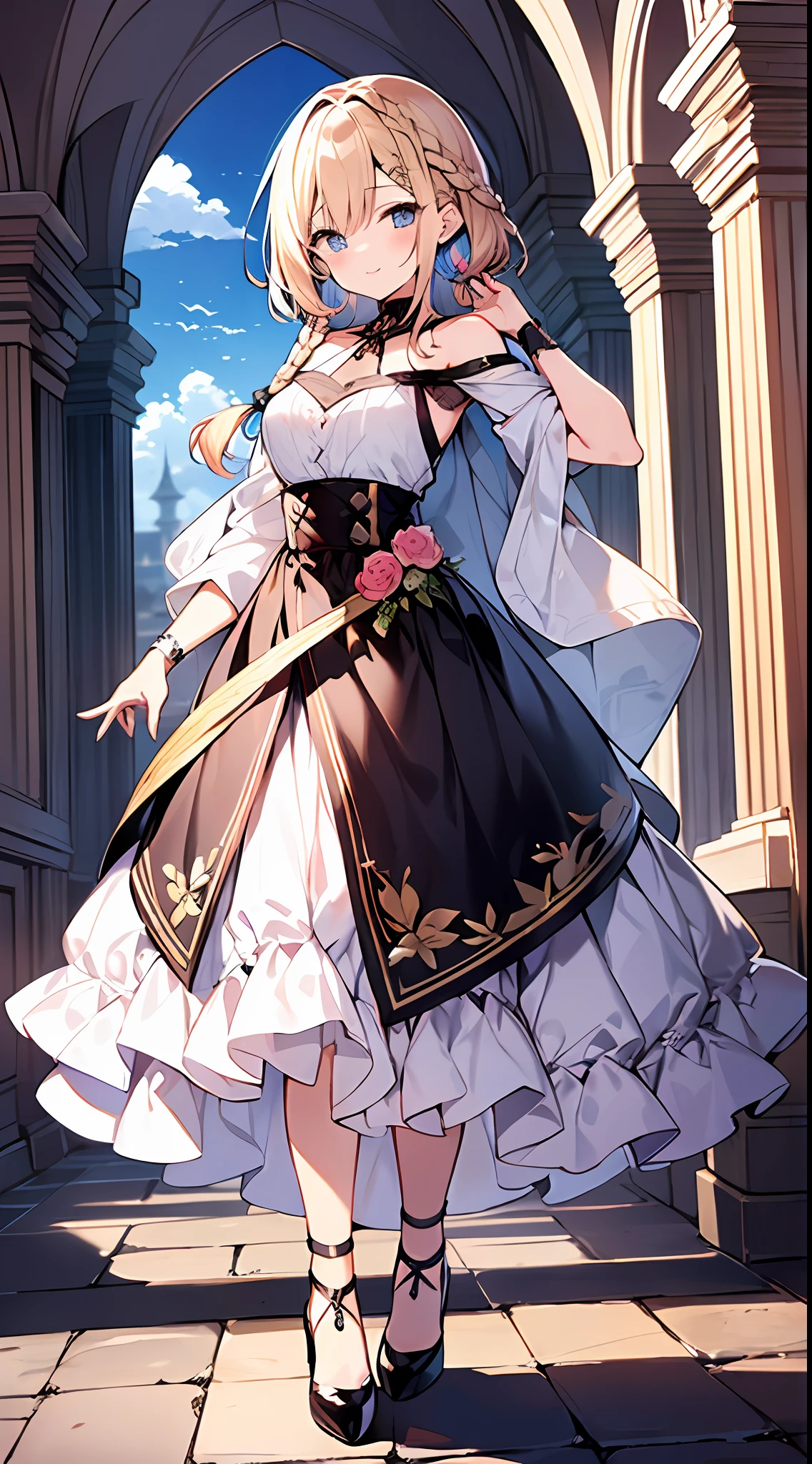 (incredibly absurdres absolutely resolution: 1.5), highest quality, masterpiece, ultra high resolution, 8k, (multiple girls), (gorgeous dresses with many gorgeous and colorful decorations) BREAK shoujo manga style, (loli), soft line drawing, digital enhancement, shojo manga touch, environmental change scenes, shojo manga core, ( Hair length to the shoulders))), (((short braid))), ancient capital of the West, full body visible angle, entangle, beautiful and aesthetic: 1.5, High quality: 1.3